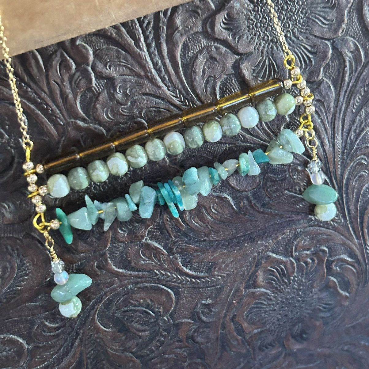 Handmade Handcrafted triple row bar green chalcedony stone necklace Size ONE SIZE - 1 Thumbnail