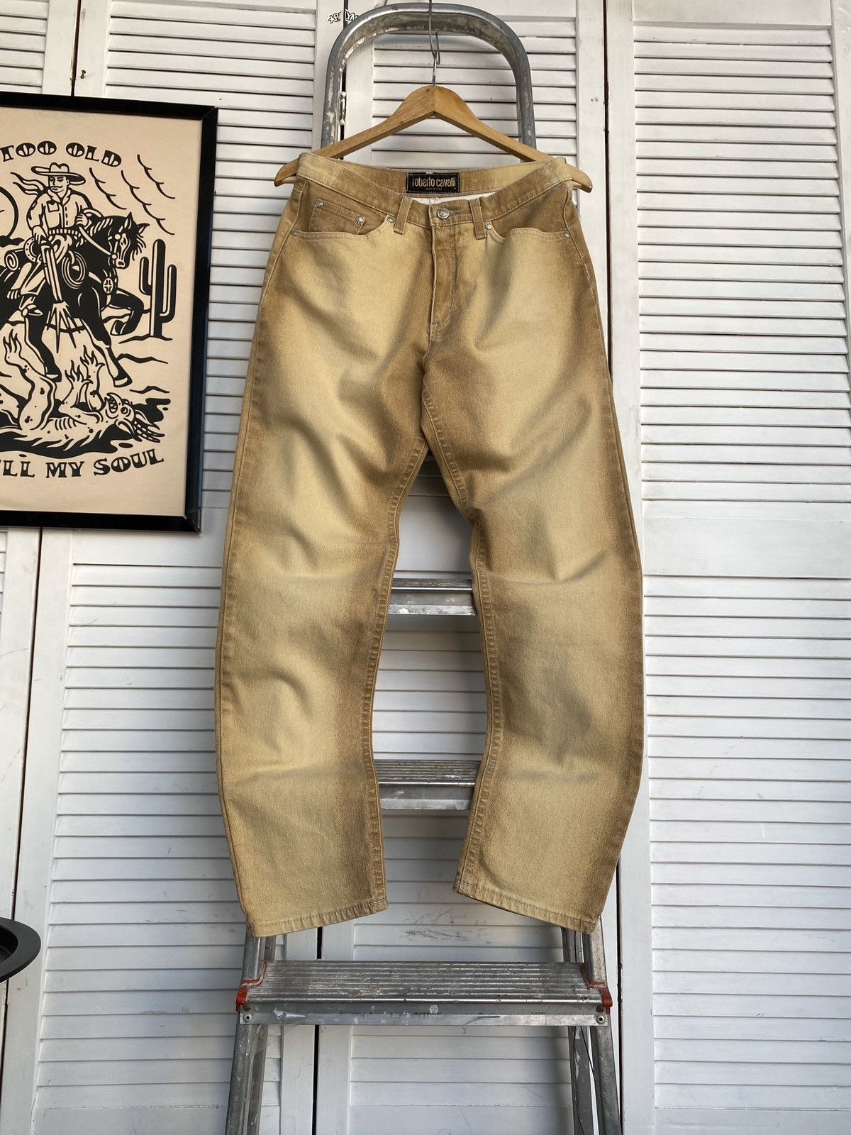 Roberto Cavalli × Vintage Roberto Cavalli Sand Wash Jeans Logo Metal Buttons & Sunset Size 29" - 3 Thumbnail