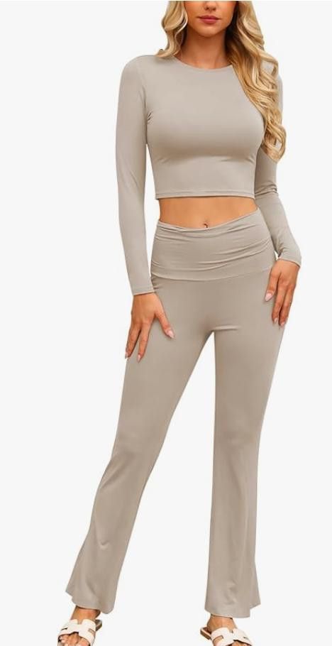 NBDN Nobrandedon Lounge Set Fold-Over Flare Pants,Long Sleeve Cropped LARGE Size ONE SIZE - 1 Thumbnail