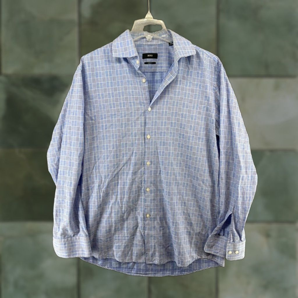 Hugo Boss VINTAGE Boss Hugo Boss Mens Shirt 16 Blue Plaid Long Sleeve Preppy Size US L / EU 52-54 / 3 - 1 Thumbnail