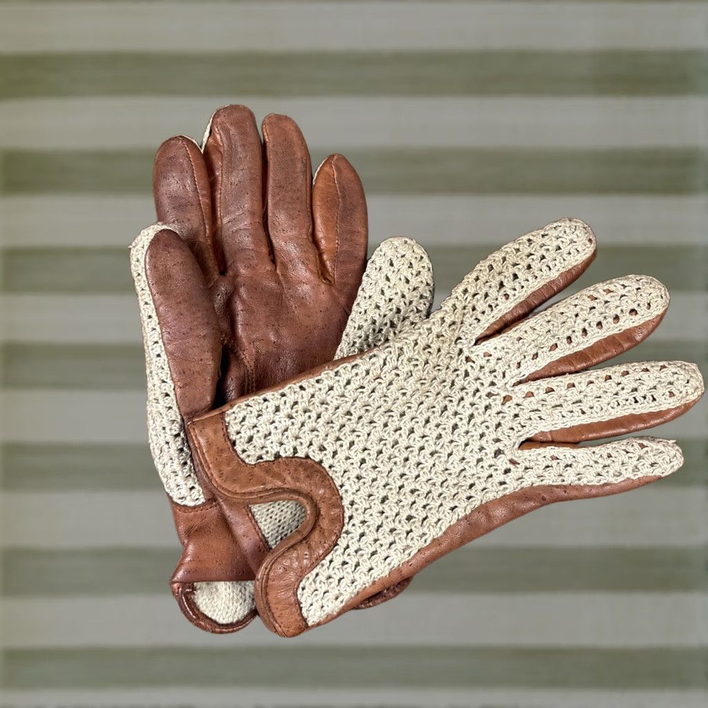 Vintage VINTAGE Fownes Leather Driving Gloves Womens Medium Tan Crochet Classic Size ONE SIZE - 1 Thumbnail