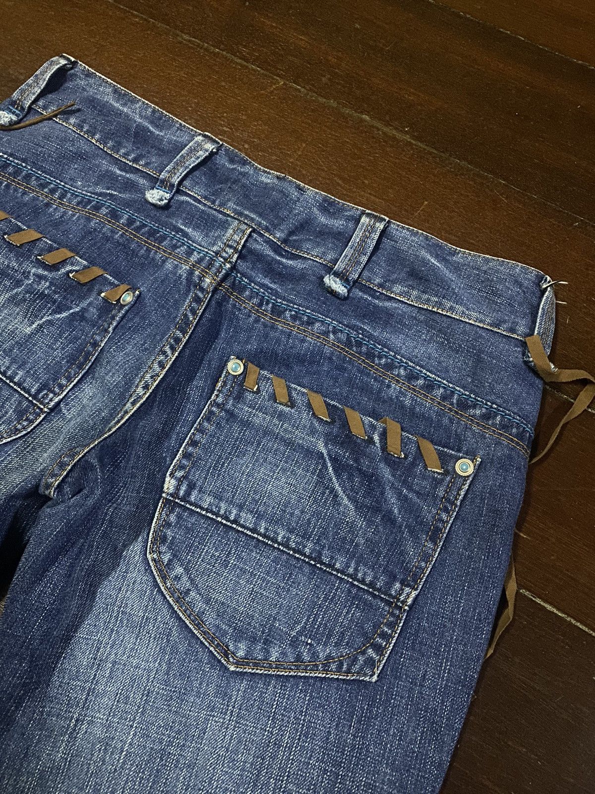 If Six Was Nine × Le Grande Bleu (L.G.B.) × Tornado Mart Flare Jeans Back Number Distress Faded Denim Bootcut Y2k Size 33" - 15 Thumbnail