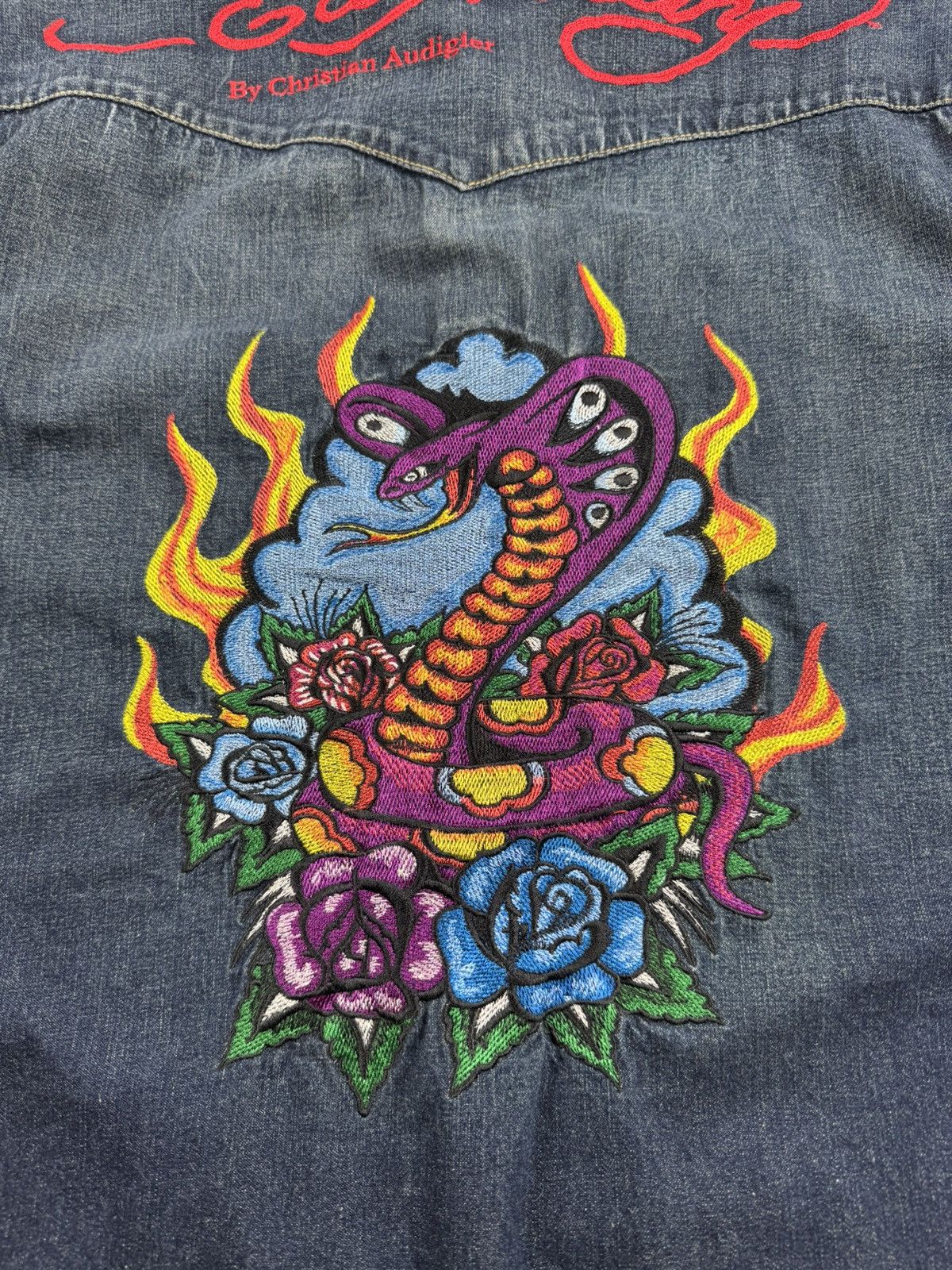 Ed Hardy Vintage Ed Hardy Dragon Y2K Denim Jeans Jacket Faded Shirt Size US XL / EU 56 / 4 - 10 Thumbnail