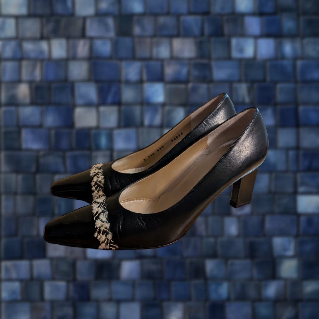 St. John St. John Leather Pump Black Tweed Accent Patent Leather Square Heel Sz 7.5 Vintage Yes Women Pump Size US 8 / IT 38 - 1 Thumbnail