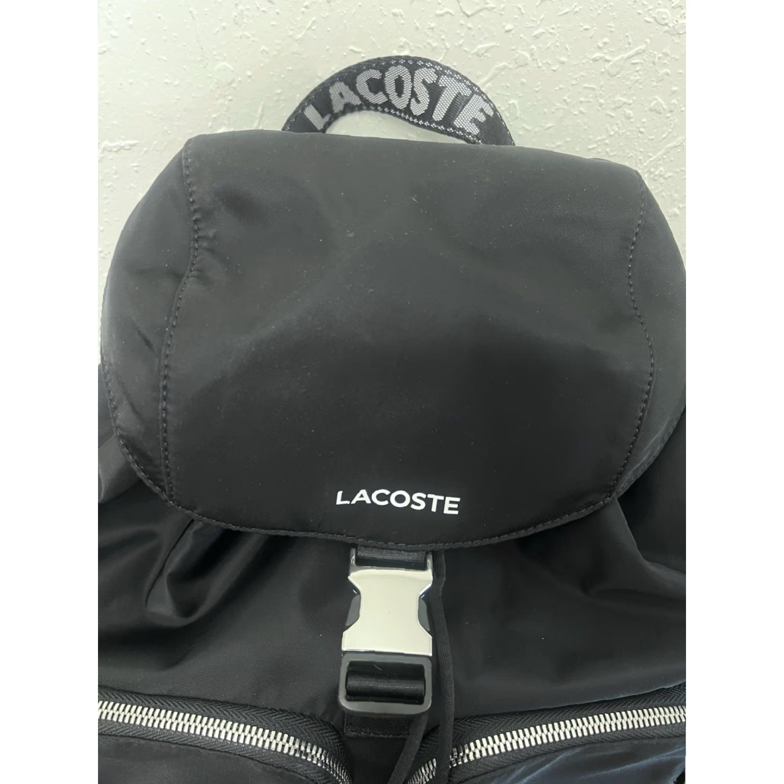 Lacoste NWT Lacoste Women’s Solid Black Nylon Backpack Cinch Flap Bag Size ONE SIZE - 6 Thumbnail