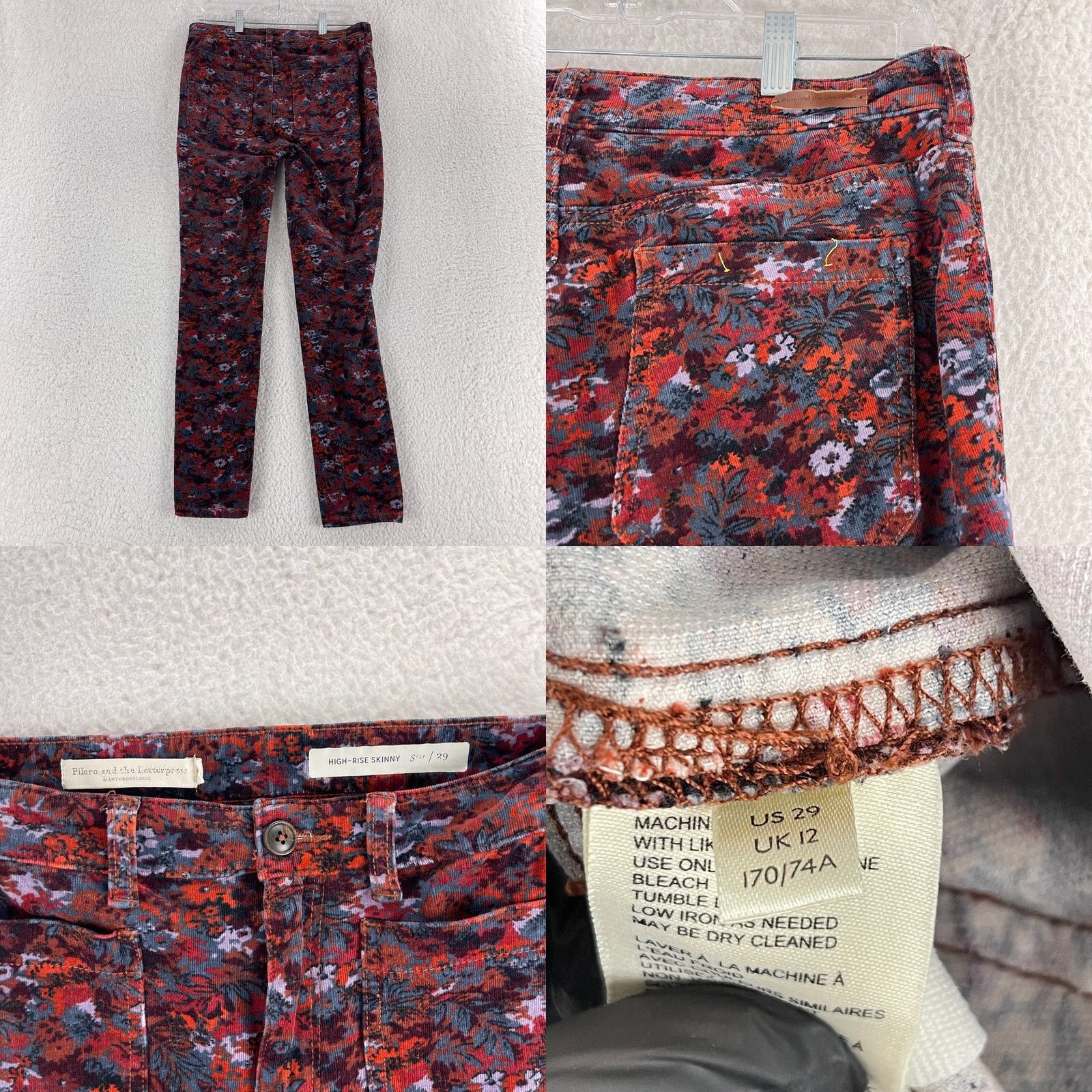 Anthropologie Pilcro Anthropologie Maroon Floral Corduroy High-Rise Skinny Pants Womens 29 Size 29" - 9 Thumbnail