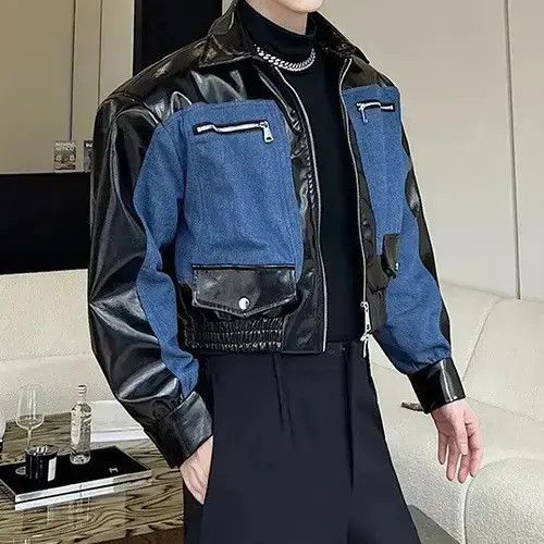 Design patchwork denim leather jacket y2k