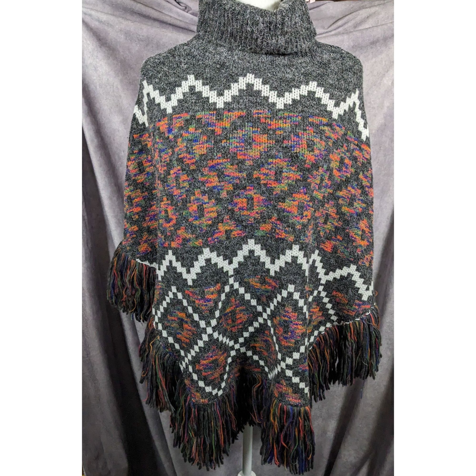 Other Modena Grey And Rainbow Geometric Cowl Neck Fringe Poncho Size ONE SIZE - 7 Thumbnail