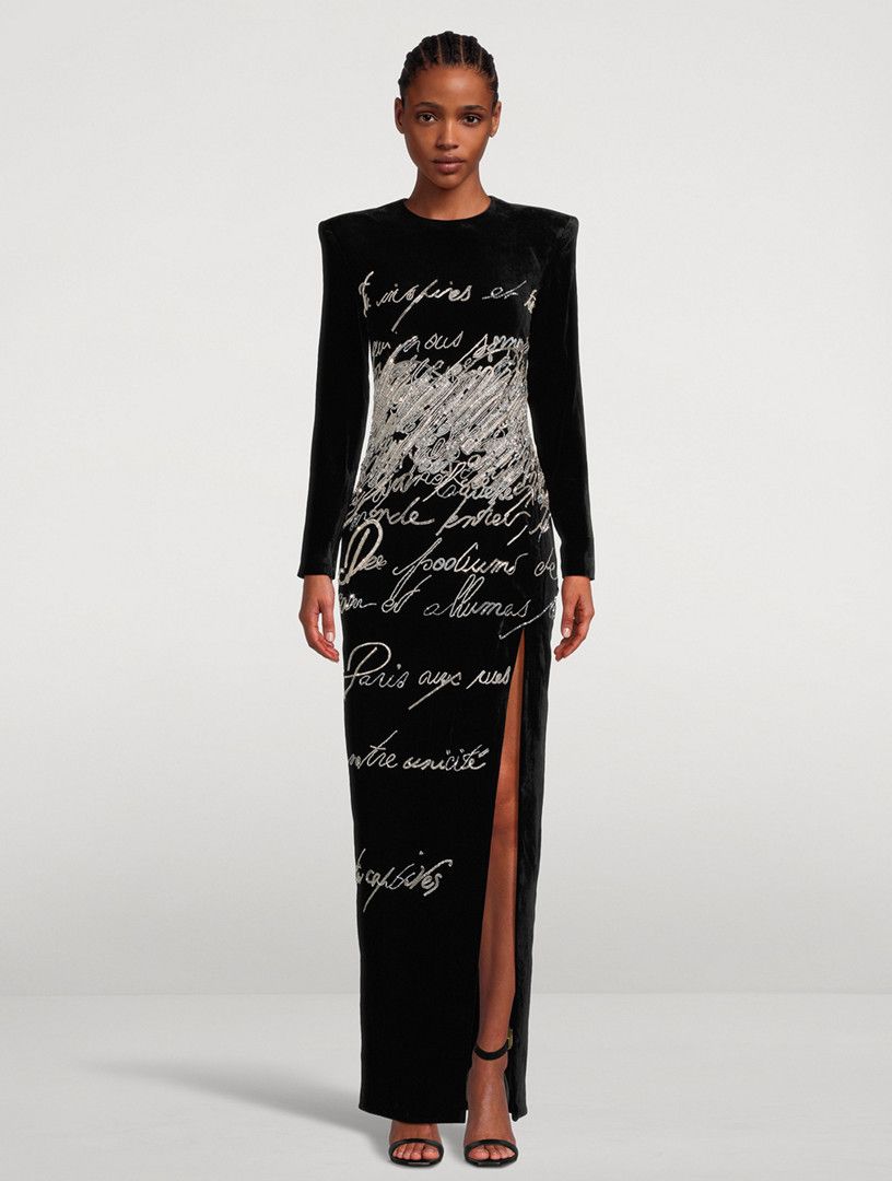 Balmain o1s1wg111225 Lovel Letter Embellished Velvet Gown in Black Size S / US 4 / IT 40 - 2 Thumbnail