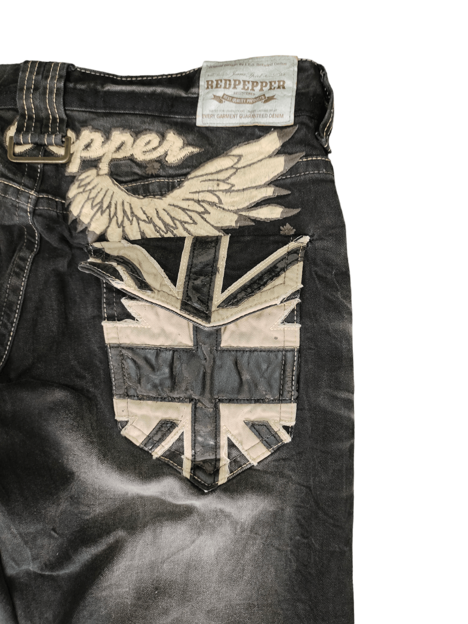 Vintage Red Pepper Wing & UK Flag Embroidered Denim Ed Hardy Y2k Size US 36 / EU 52 - 6 Thumbnail