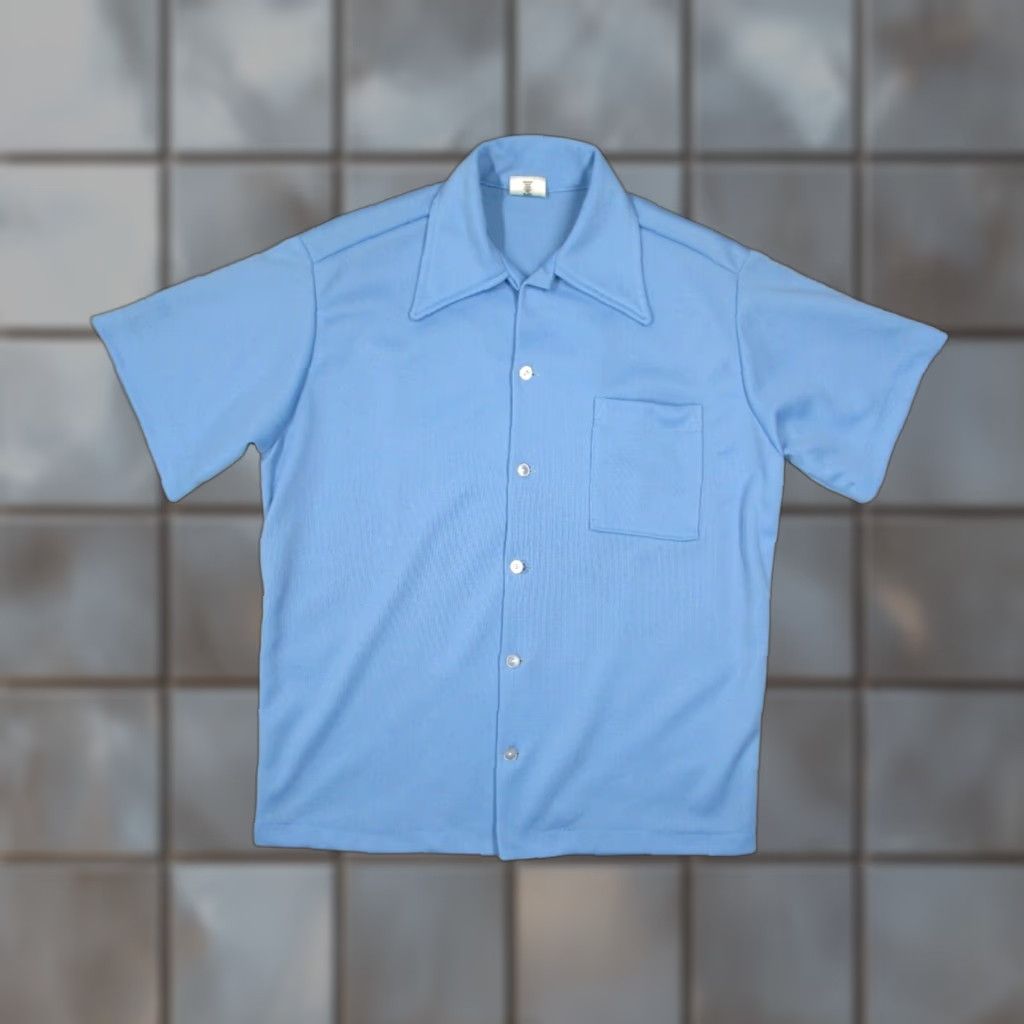 VINTAGE Mr. Morts Shirt Mens Medium Blue Button Up Bowling Lions 70s Made in USA