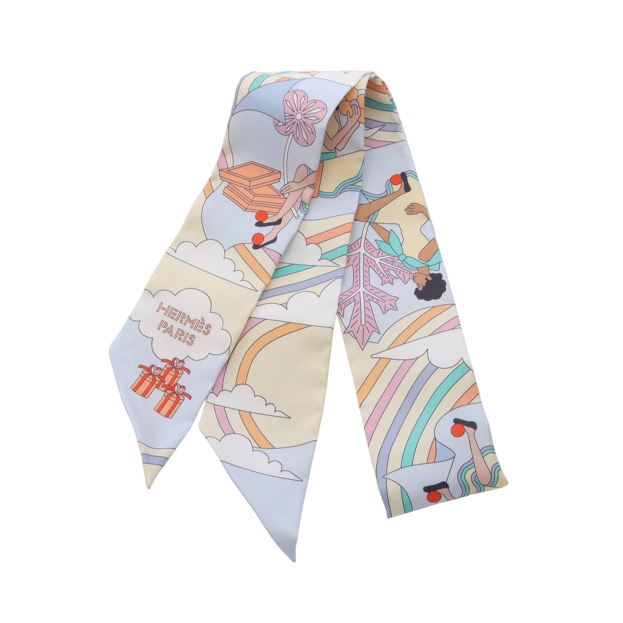Hermes Twilly Carres Volants Ribbon Scarf Silk Light Blue Multicolor