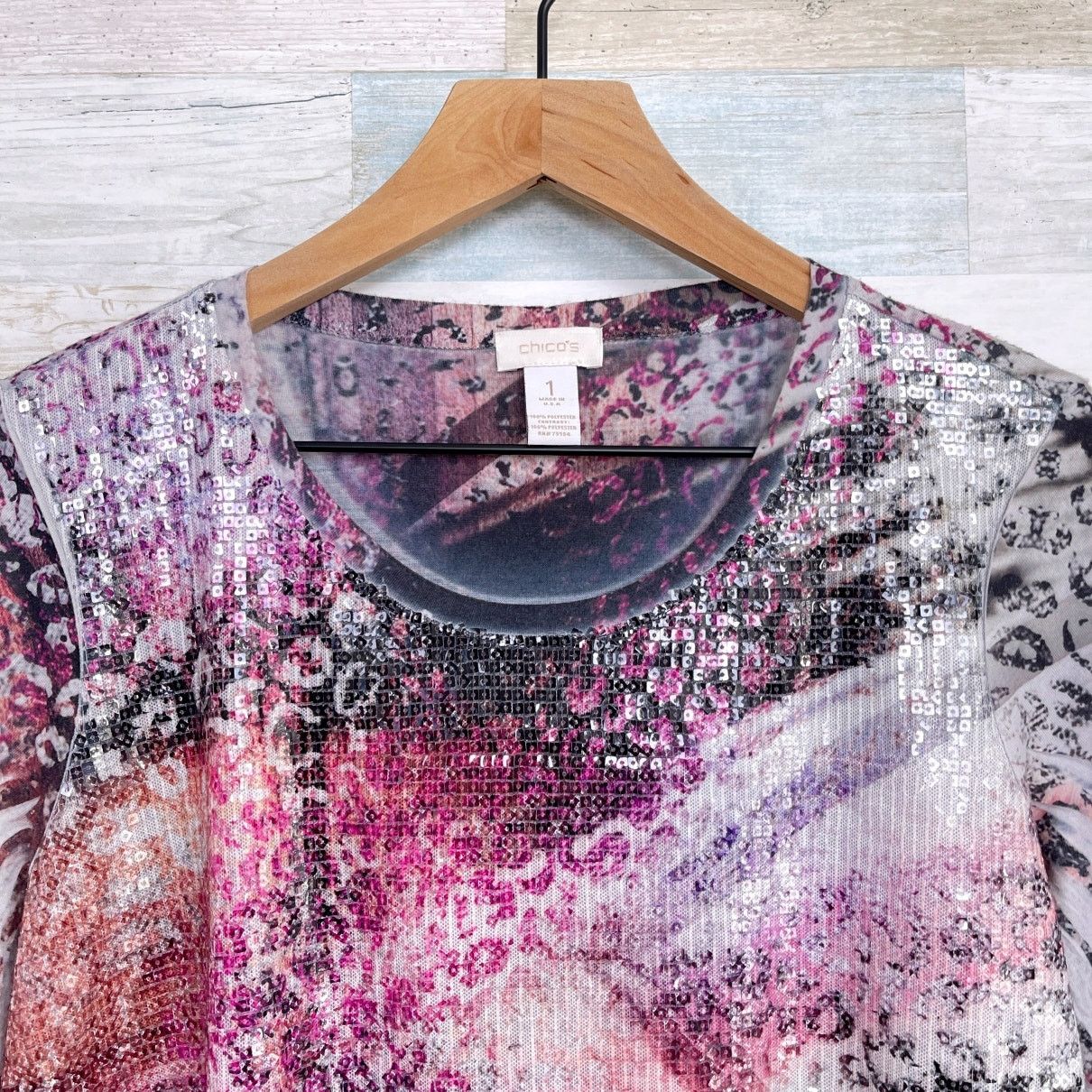 Other Chicos Sequin 3/4 Sleeve Top Purple Black Womens Medium 1 Size M / US 6-8 / IT 42-44 - 2 Thumbnail