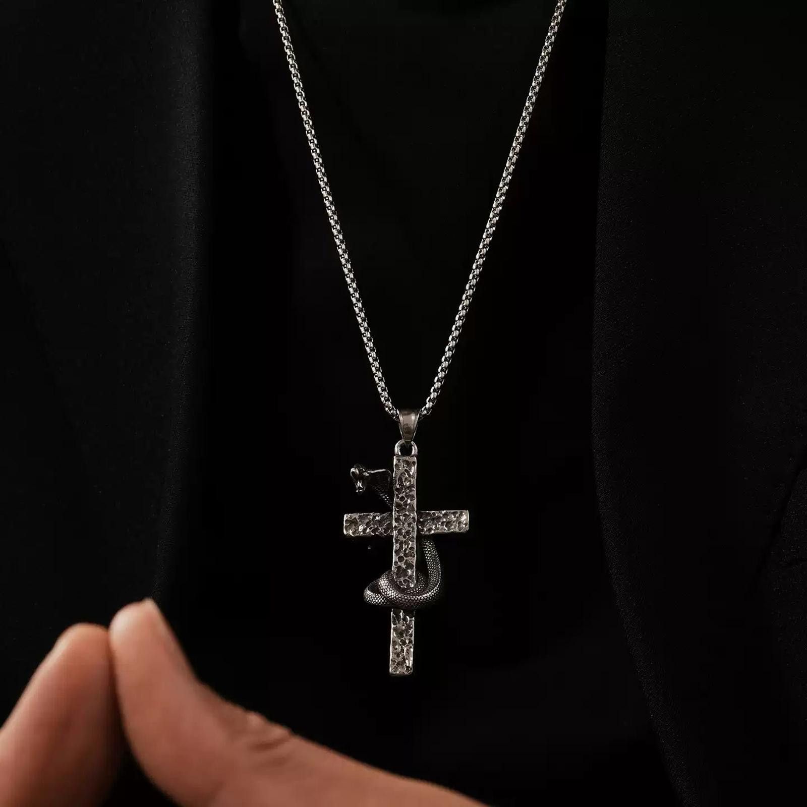 Jewelry Silver Cross Pendant Necklace with Snake Detail Size ONE SIZE - 2 Thumbnail
