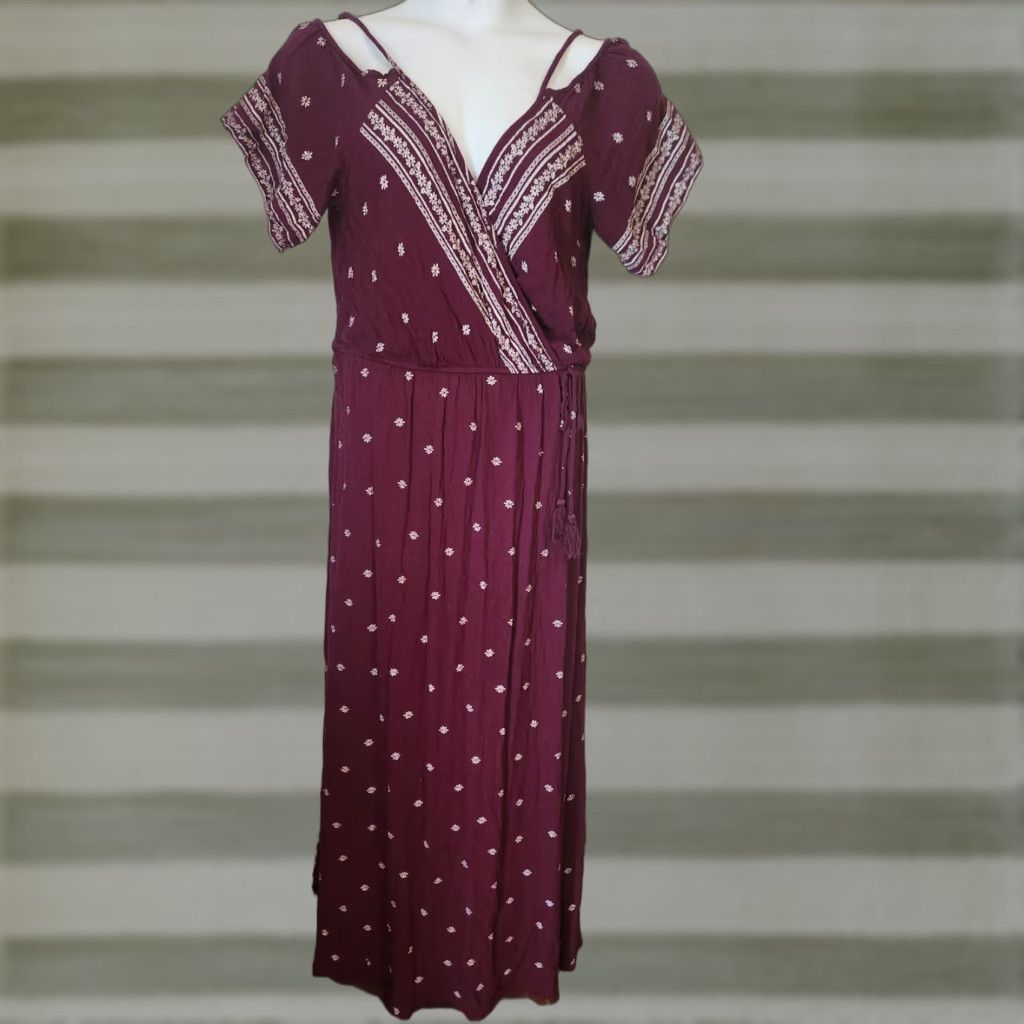Vintage Xhilaration Maxi Dress Burgundy Floral Crinkle Cold Shoulder V-Neck Short Sleeve XL Red Hippie Boho Women Size XL / US 12-14 / IT 48-50 - 1 Thumbnail