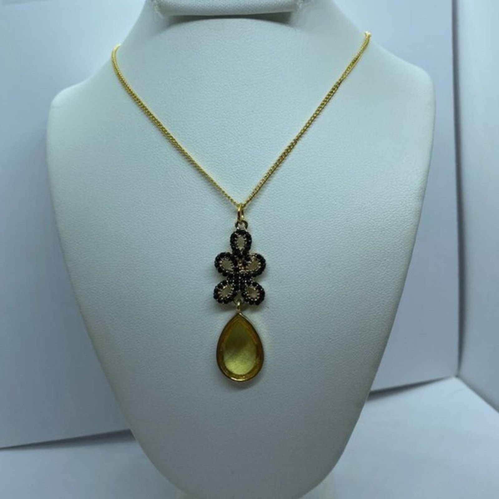 Handmade Gold-Tone Black Beaded Yellow Rhinestone Pendant Size ONE SIZE - 1 Thumbnail