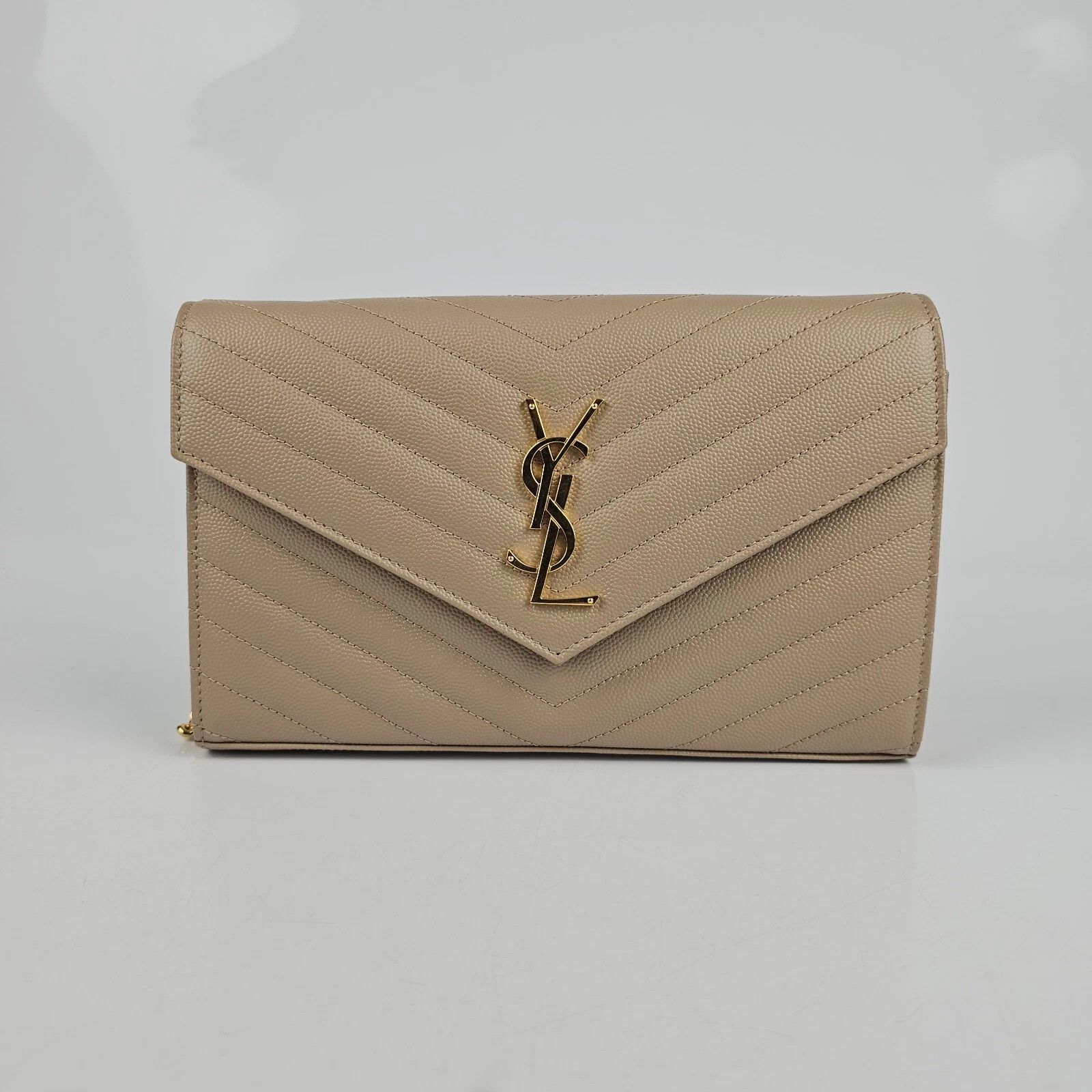 Saint Laurent Paris YSL Cassandre Dark Beige Grained Leather Chain Wallet Size ONE SIZE - 1 Thumbnail