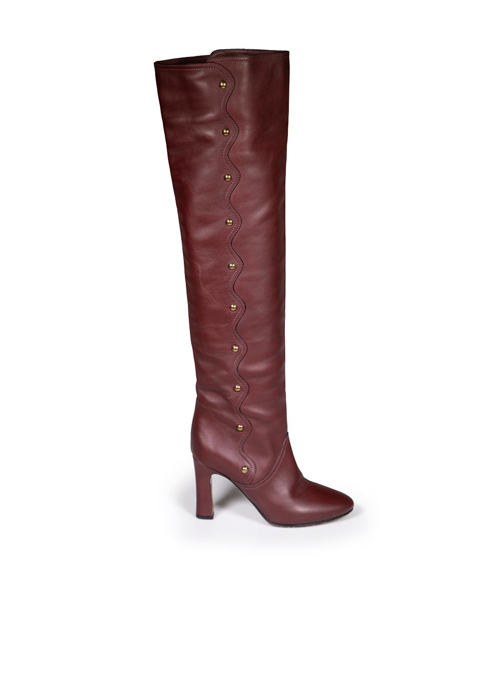 image of Chloe Brown Scalloped Studded Detail Boots, Women's (Size 7)