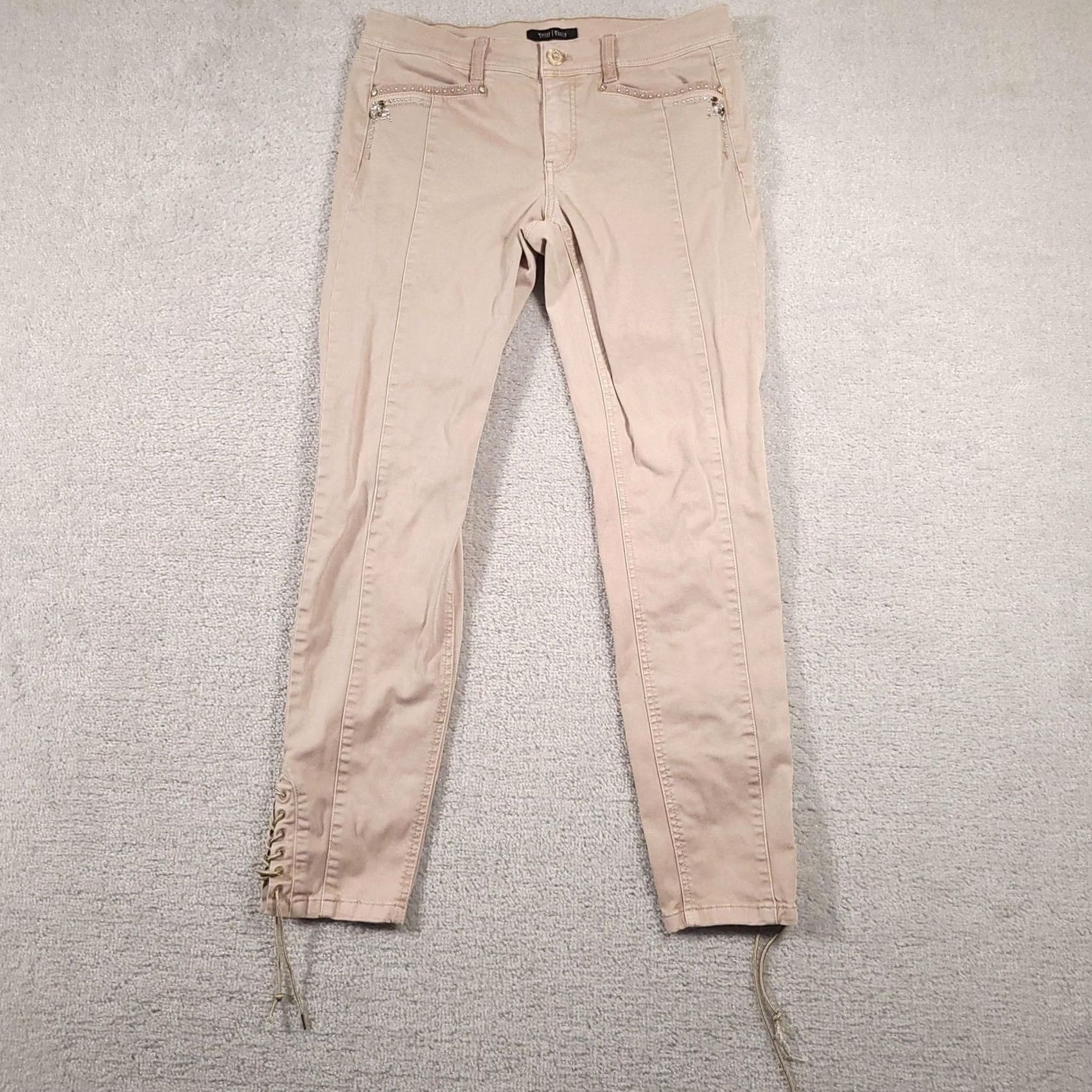 White House Black Market White House Black Market Pants Womens 8R Beige Skinny Leg Rhinestone Lace Up Boho Size 30" / US 8 / IT 44 - 2 Thumbnail