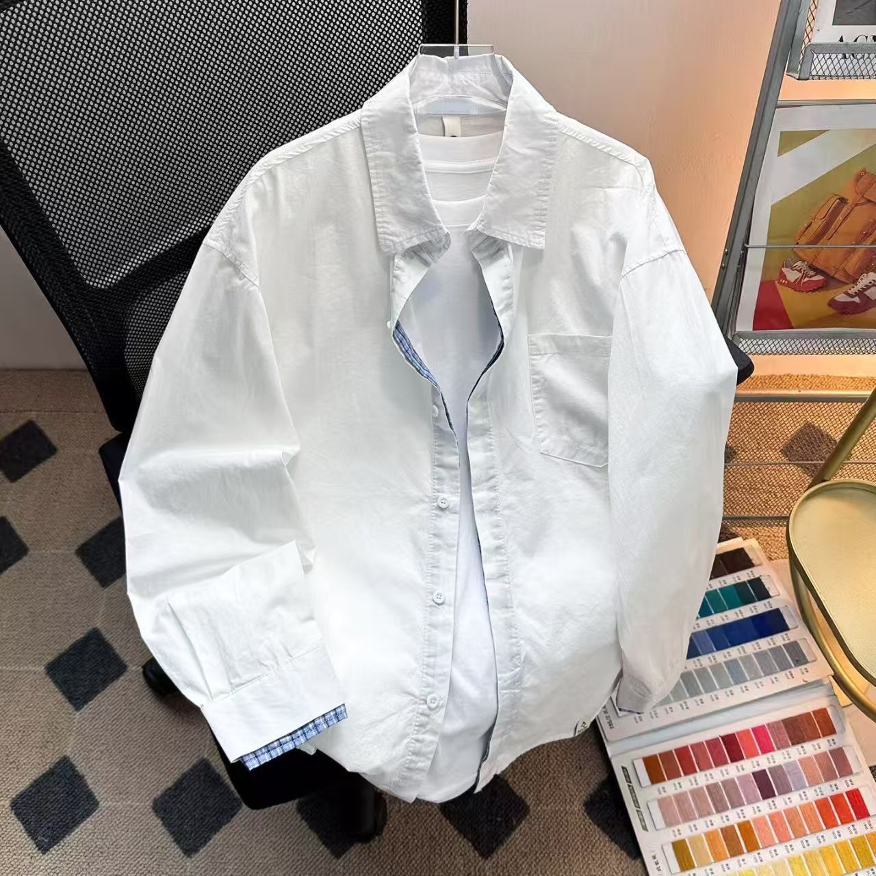 Vintage White Shirt with Plaid Contrast Trim Size US M / EU 48-50 / 2 - 1 Thumbnail