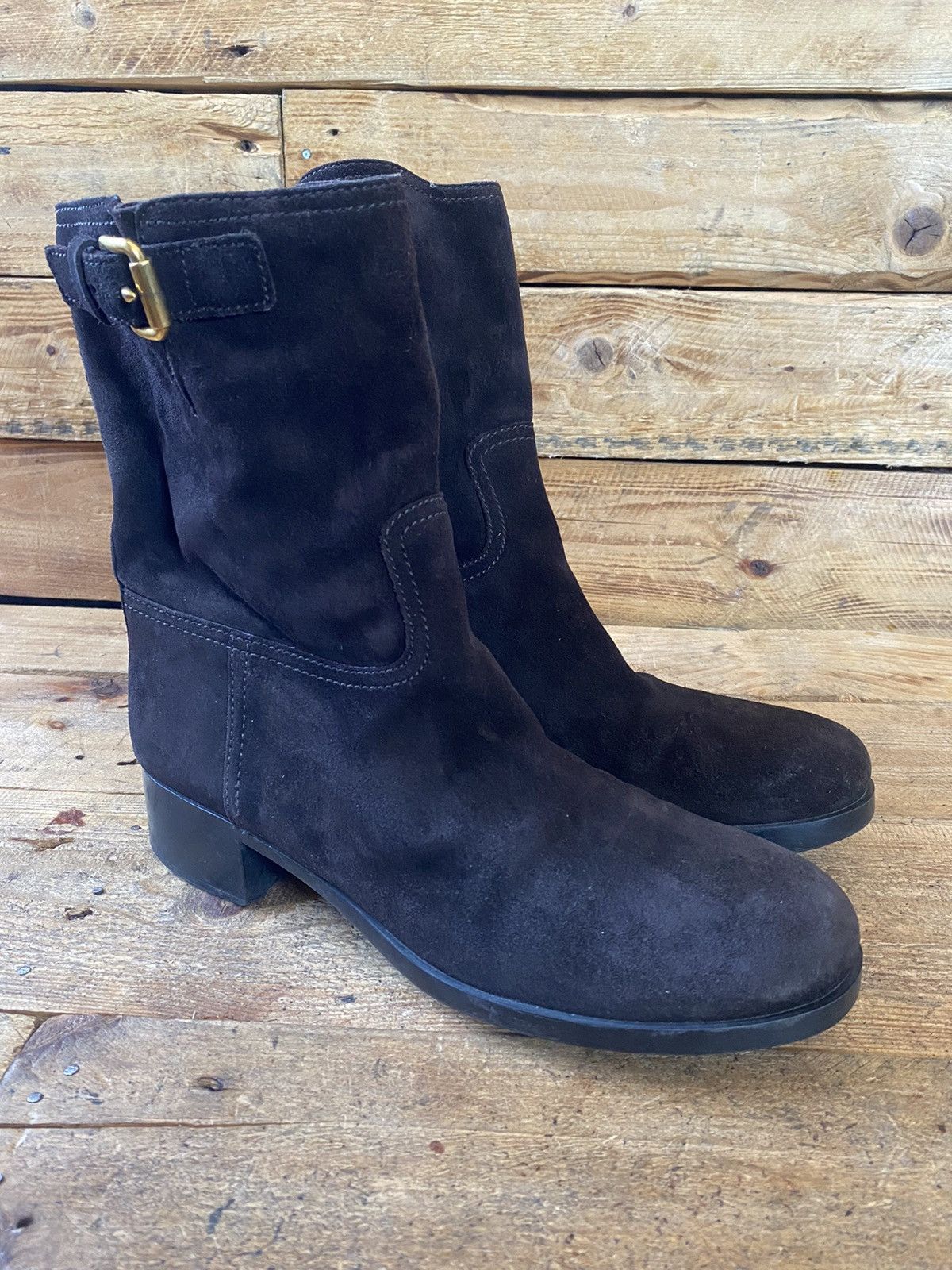 Designer × Prada × Vintage Prada suede choco brown moto biker ankle leather boots sz41 Size US 10.5 / IT 40.5 - 9 Thumbnail