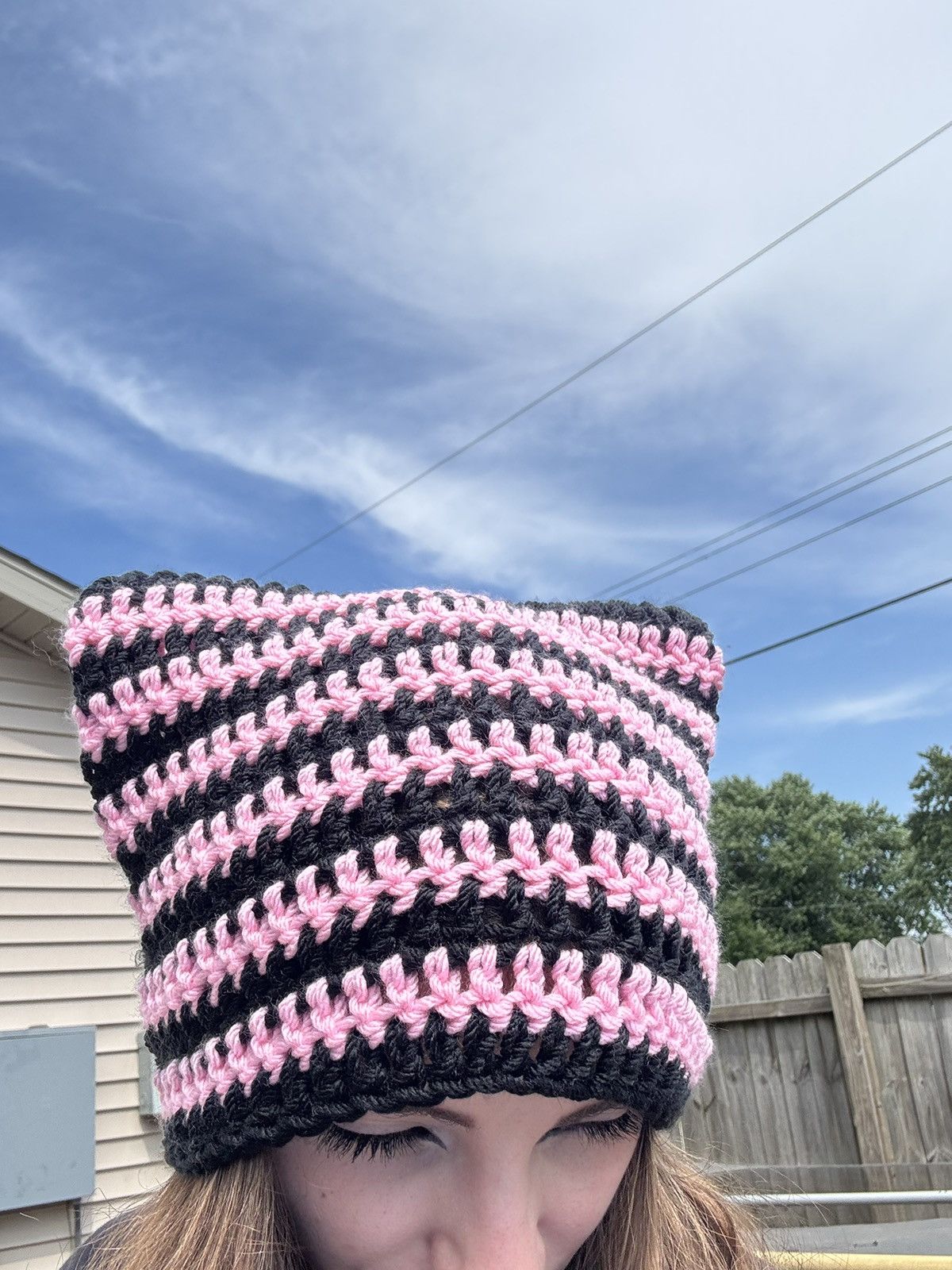 Handmade Crochet Cat Beanie - Black & Pink Size ONE SIZE - 7 Thumbnail