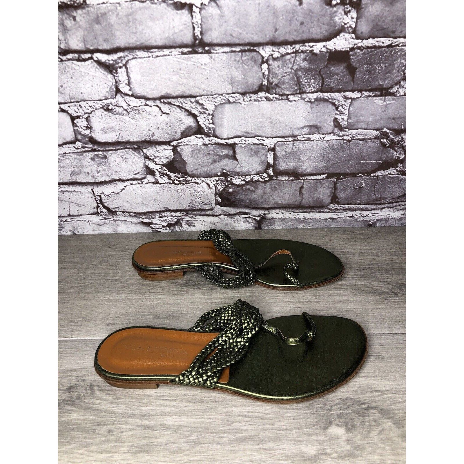 Other Via Spiga Metallic Green Leather Braided Flats Sandals Women Size US 8.5 / IT 38.5 - 12 Thumbnail