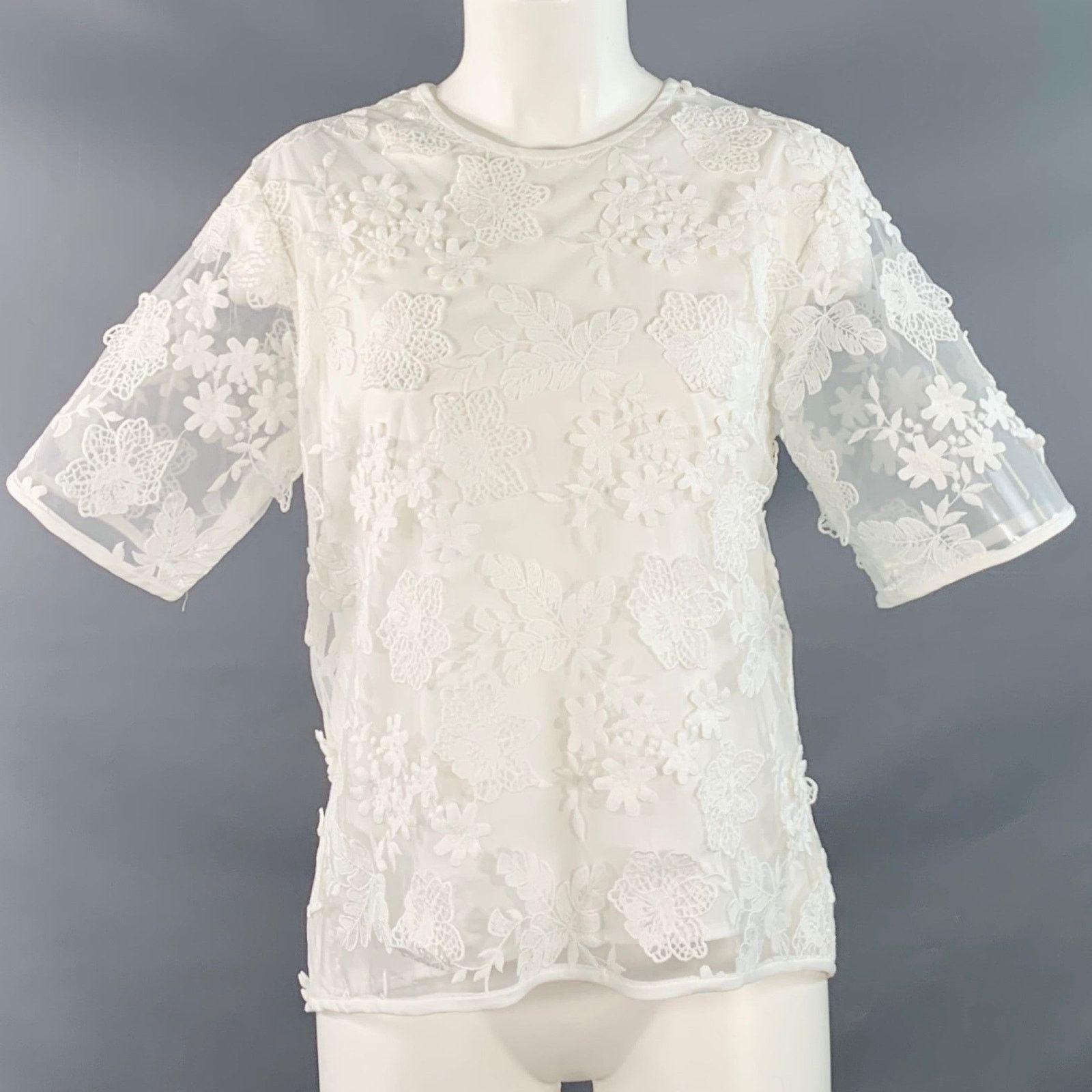 Cynthia Rowley XS White Polyester Blend Lace Oversized Short Sleeve Top Size XS / US 0-2 / IT 36-38 - 1 Thumbnail