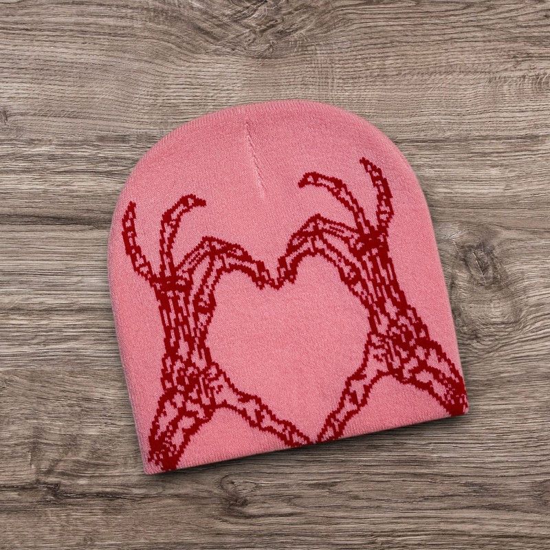 Other Y2K SKULL Heart Hands Beanie | ALT Grunge Opium Pink Hat Size ONE SIZE - 1 Preview
