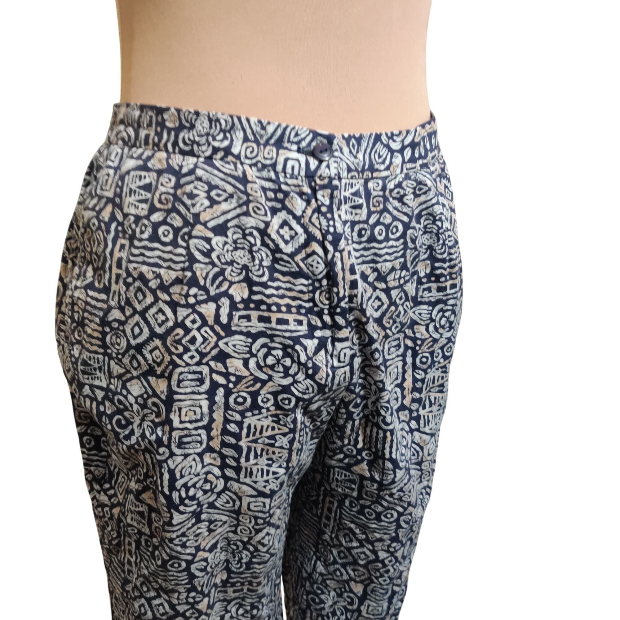 Other Appleseeds 14 Navy Tan Tribal Print Cotton Pants Tiki Oasis Size 36" / US 14 / IT 50 - 4 Thumbnail