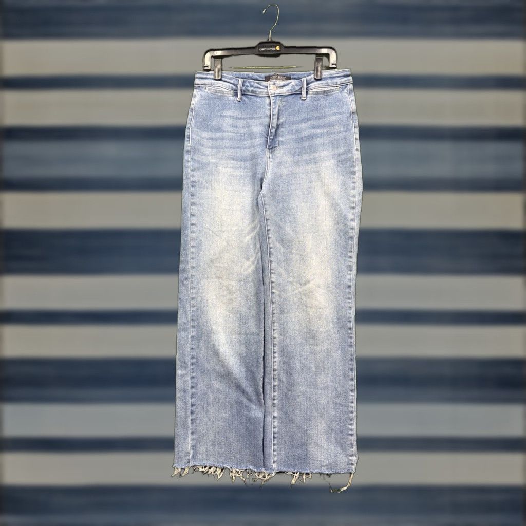 Vintage Judy Blue Jeans Womens High Rise Wide Leg Raw Hem Stretch 11/30 Fairmont JB88685 Blue Denim Trouser Jeans Size 30" / US 8 / IT 44 - 1 Thumbnail
