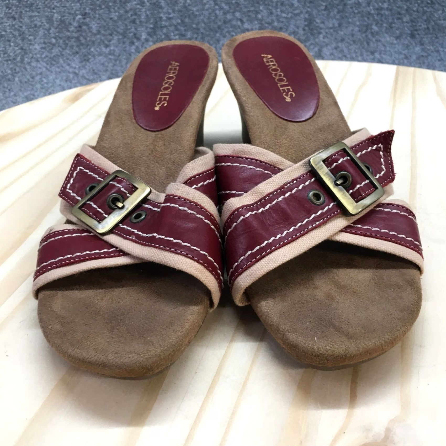 Vintage Aerosoles Algebra Slide Heels Womens 9.5 Maroon Buckle Strap Open Toe Leather Slidi Size US 10 / IT 40 - 5 Thumbnail