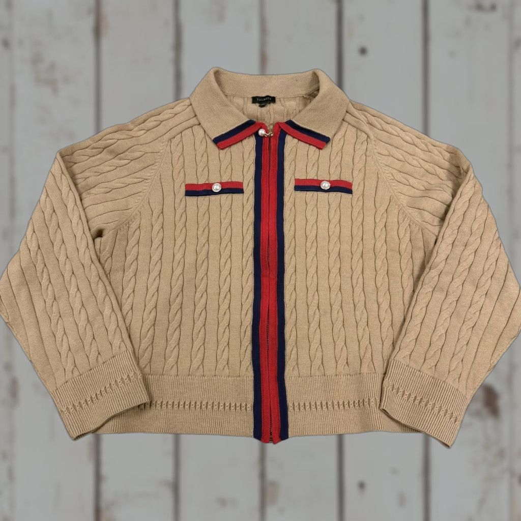 Talbots Talbots Sweater Womens XL Tan Cable Knit Zip Front Collared Cardigan Pearl Trim Size XL / US 12-14 / IT 48-50 - 1 Thumbnail