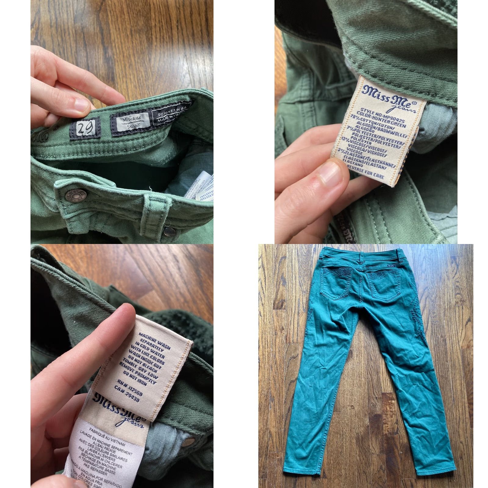 Miss Me Miss Me Jeans Womens Size 29 Hunter Green Skinny Embroidered Stretch Mid Rise Jeans Size 29" - 8 Thumbnail
