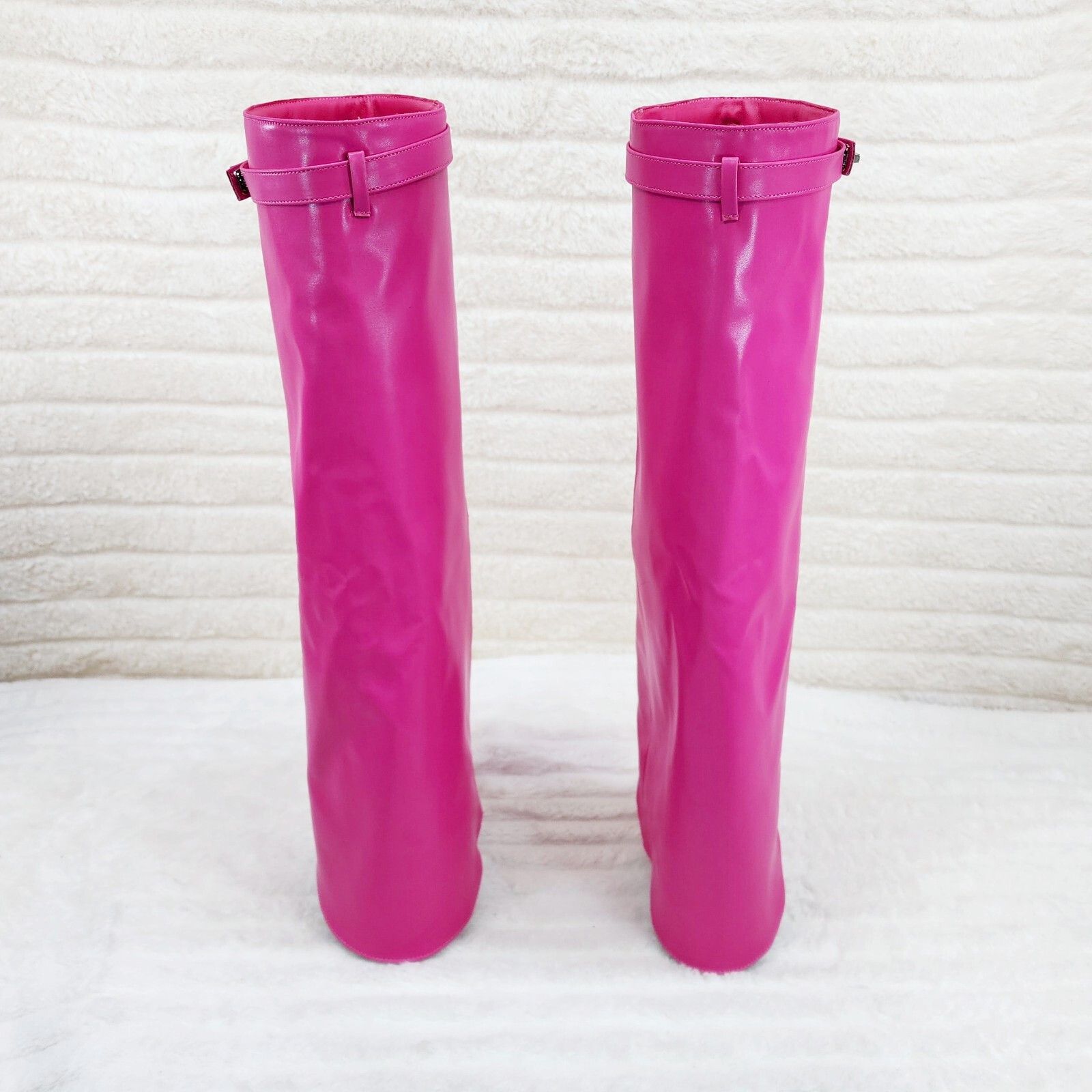Other Paris Fuchsia Pink Skirted Fold Over 3.5" Block Heel Knee Hi Size US 6 / IT 36 - 2 Thumbnail