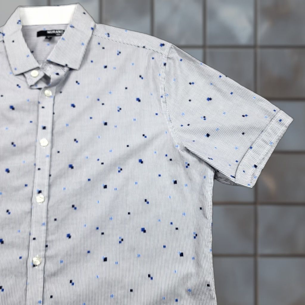 Murano Murano Shirt Mens Large Blue Stripe Slim Fit Short Sleeve Button Down Micro Dot Size US L / EU 52-54 / 3 - 1 Thumbnail