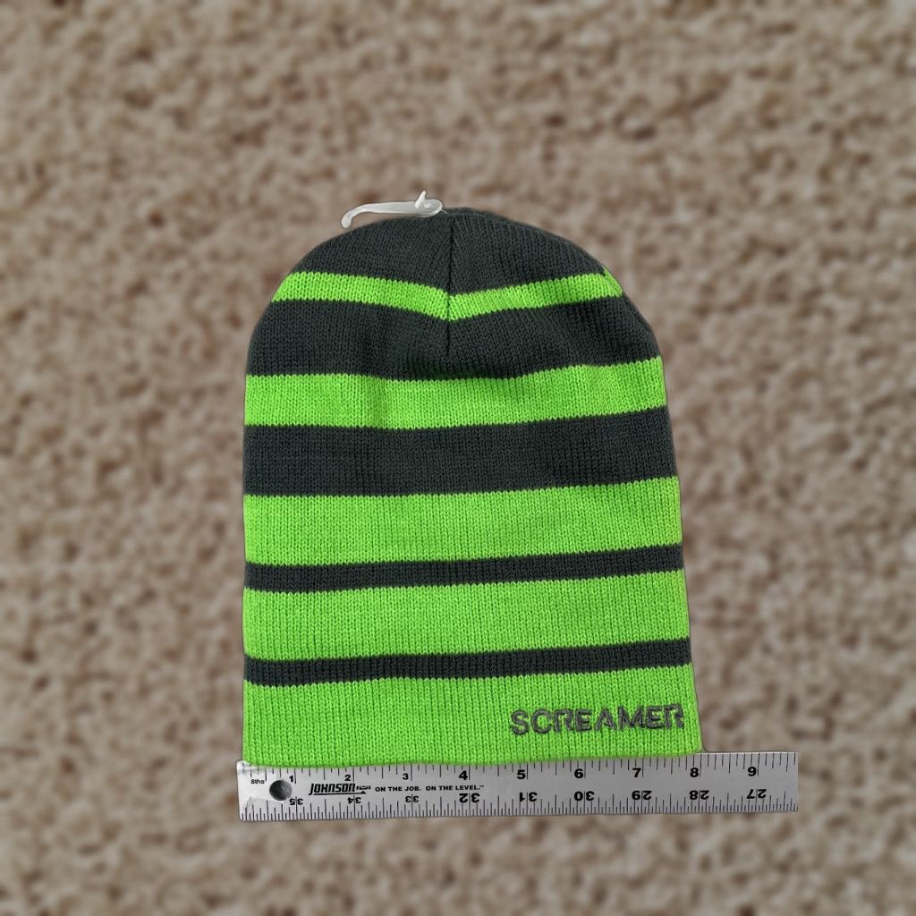 Vintage Screamer Beanie Adult One Size Green Gray Stripe Knit 100% Acrylic Ski Size ONE SIZE - 1 Thumbnail