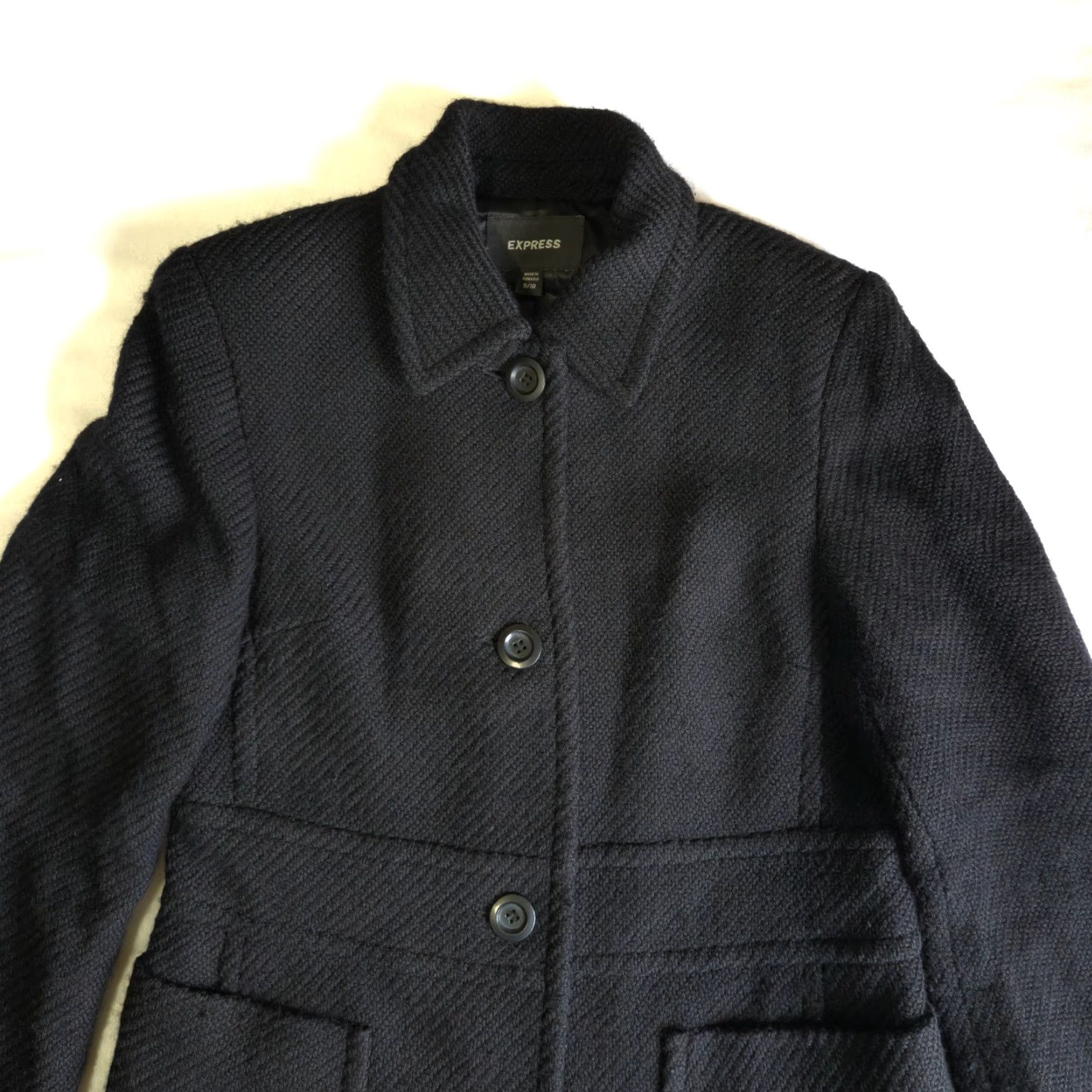 Express Express Women’s Size 9/10 Black Wool Blend Long Coat Made in Romania w/ Pockets Size L / US 10 / IT 46 - 2 Thumbnail
