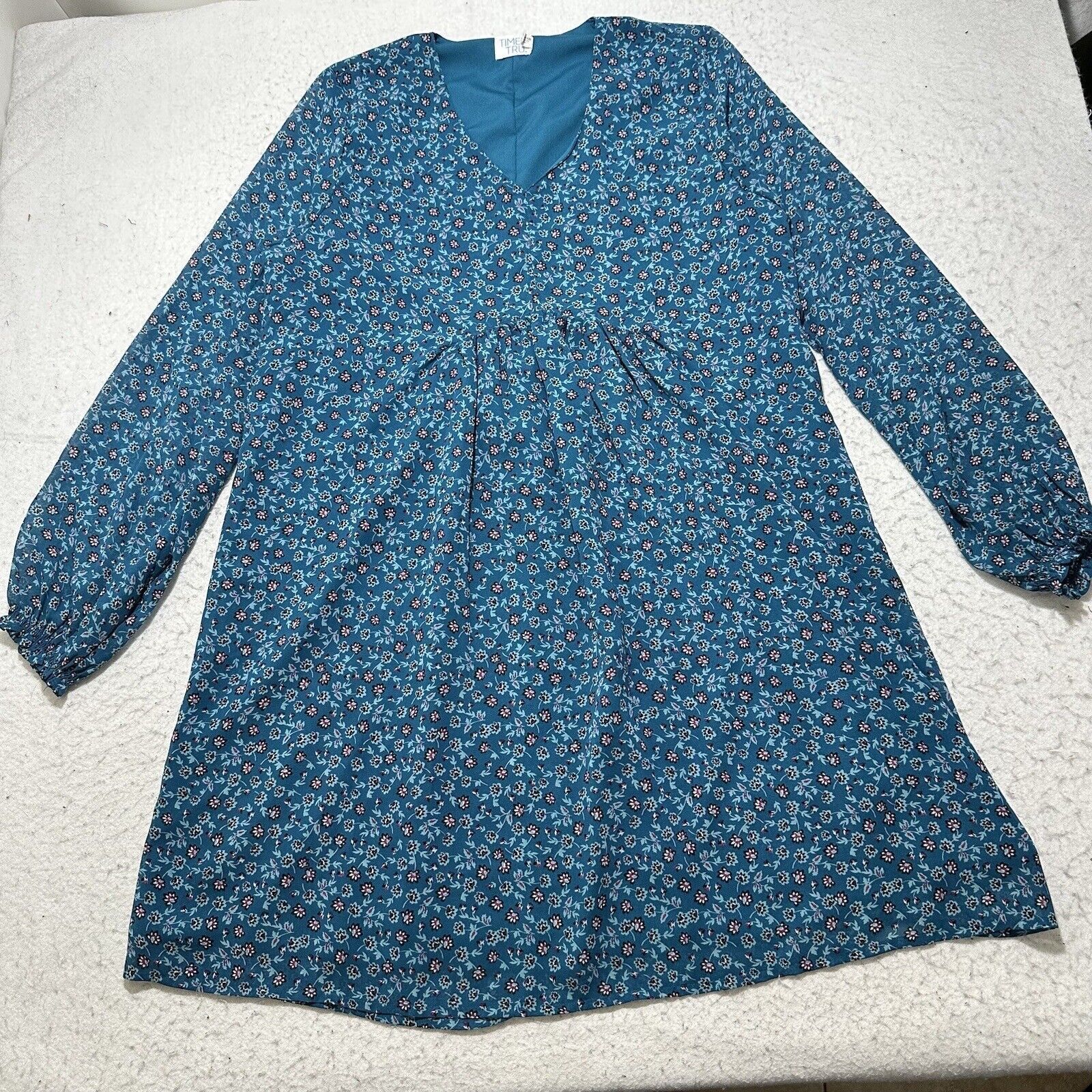 Other Time & Tru Medium Blue Colorful Floral V-Neck A-Line Dress Size M / US 6-8 / IT 42-44 - 1 Thumbnail