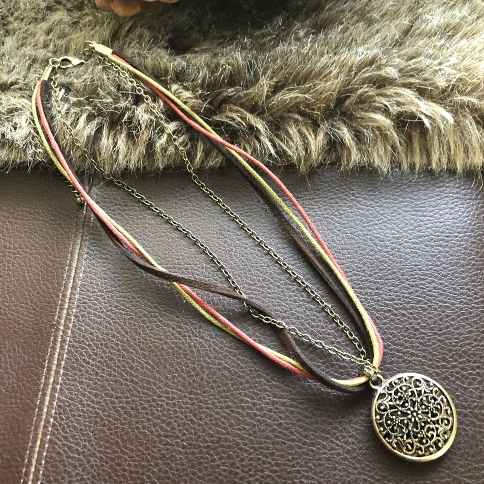 Jewelry Brass filigree pendant multi strand cord chain necklace Size ONE SIZE - 6 Thumbnail