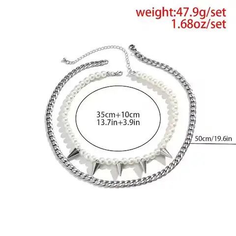 Jewelry Imitation Pearl Beads Chain Spikes Short Choker Necklace Men Size ONE SIZE - 4 Thumbnail