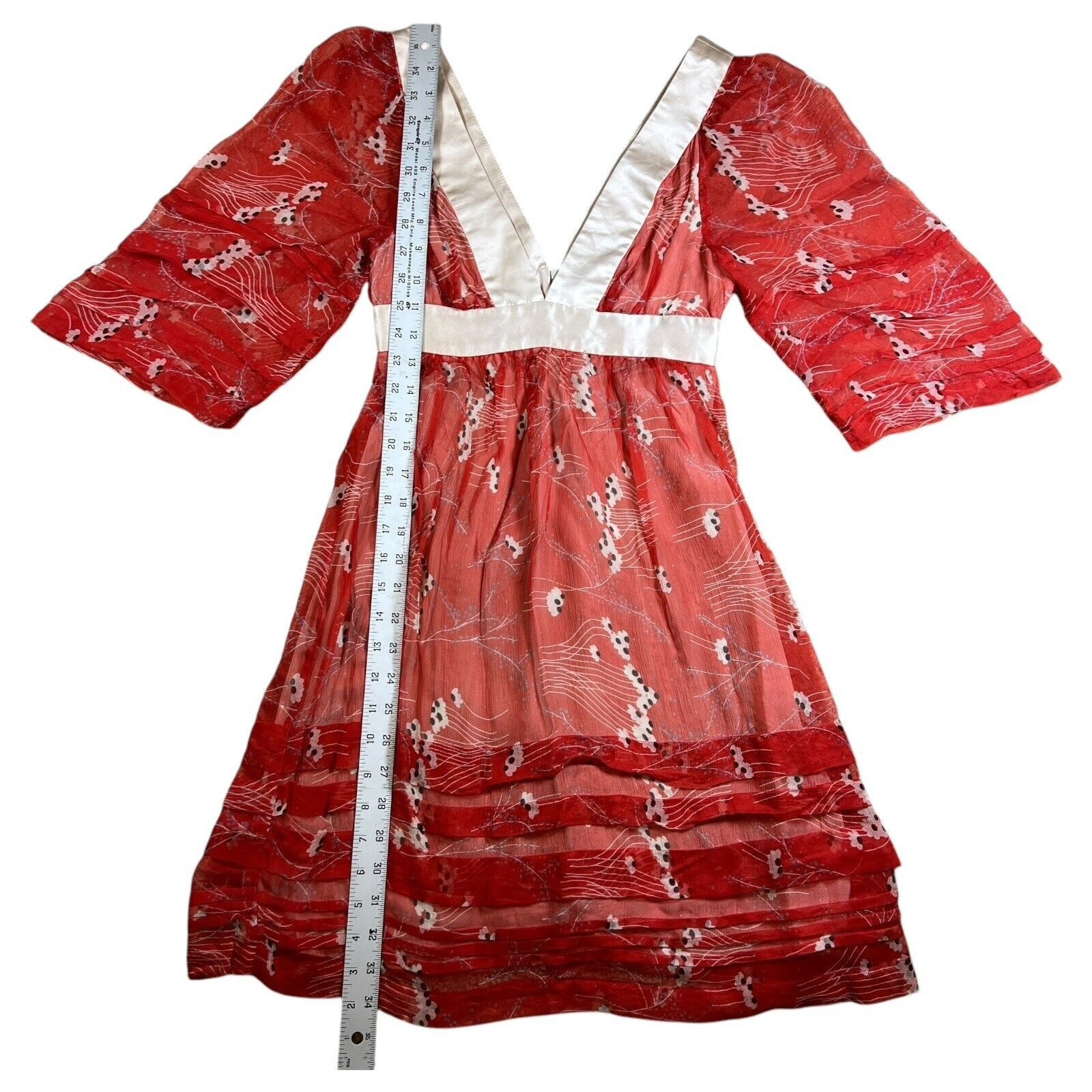 Other Development Erica Davies Red Floral Sheer Silk Dress Size 0 Size XS / US 0-2 / IT 36-38 - 2 Thumbnail