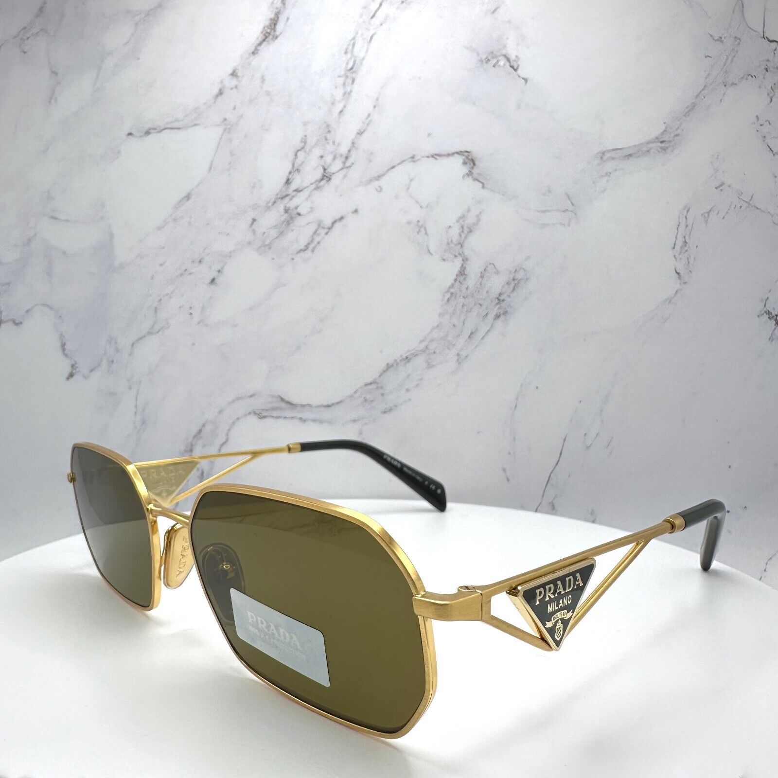 New Prada Sunglasses Gold Metal Black Plaque Triangle Logo