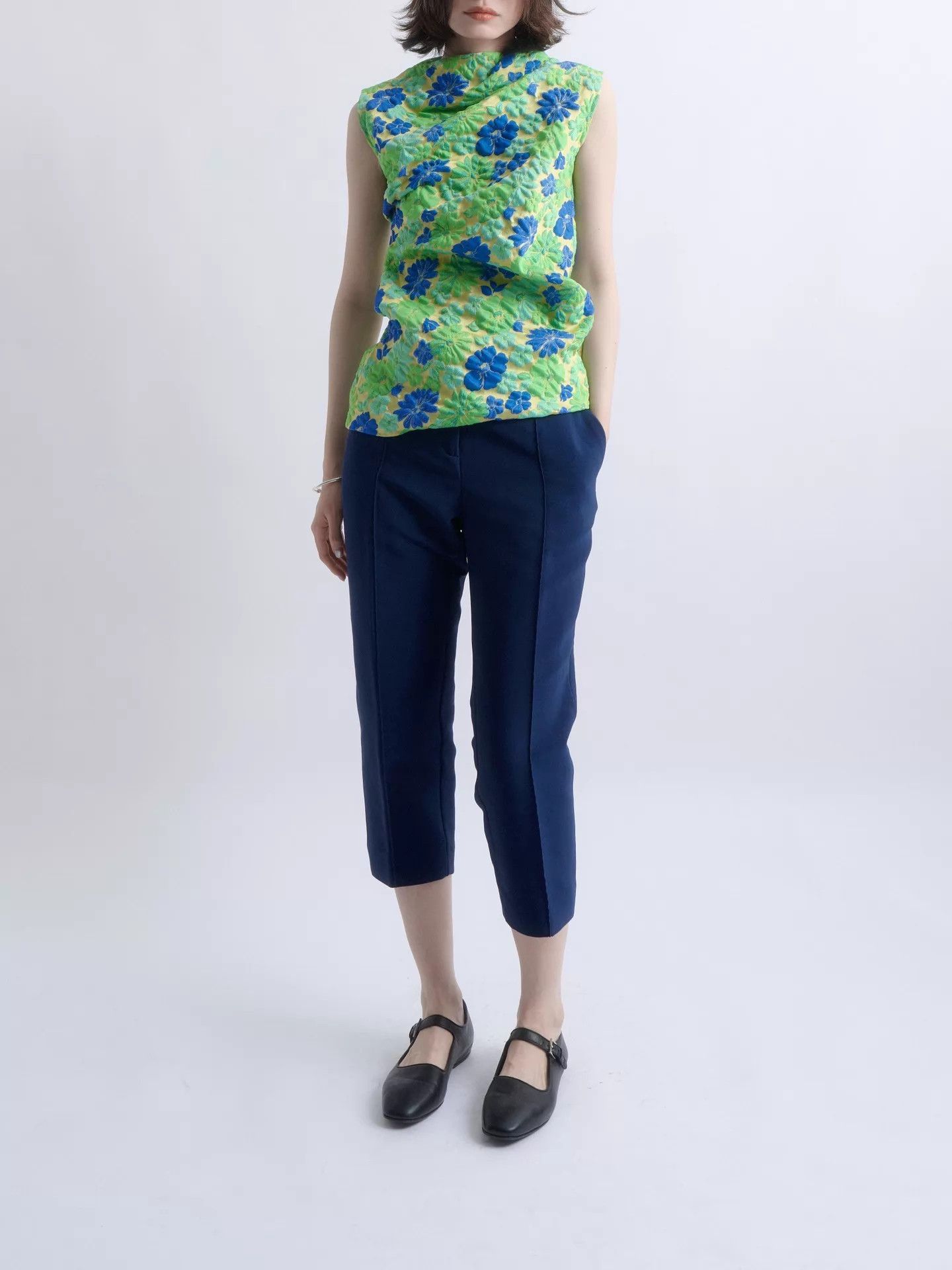Jil Sander JIL SANDER 18SS Green-Blue Floral Jacquard Asym Twisted Top Size XXS / US 00 / IT 34 - 2 Thumbnail