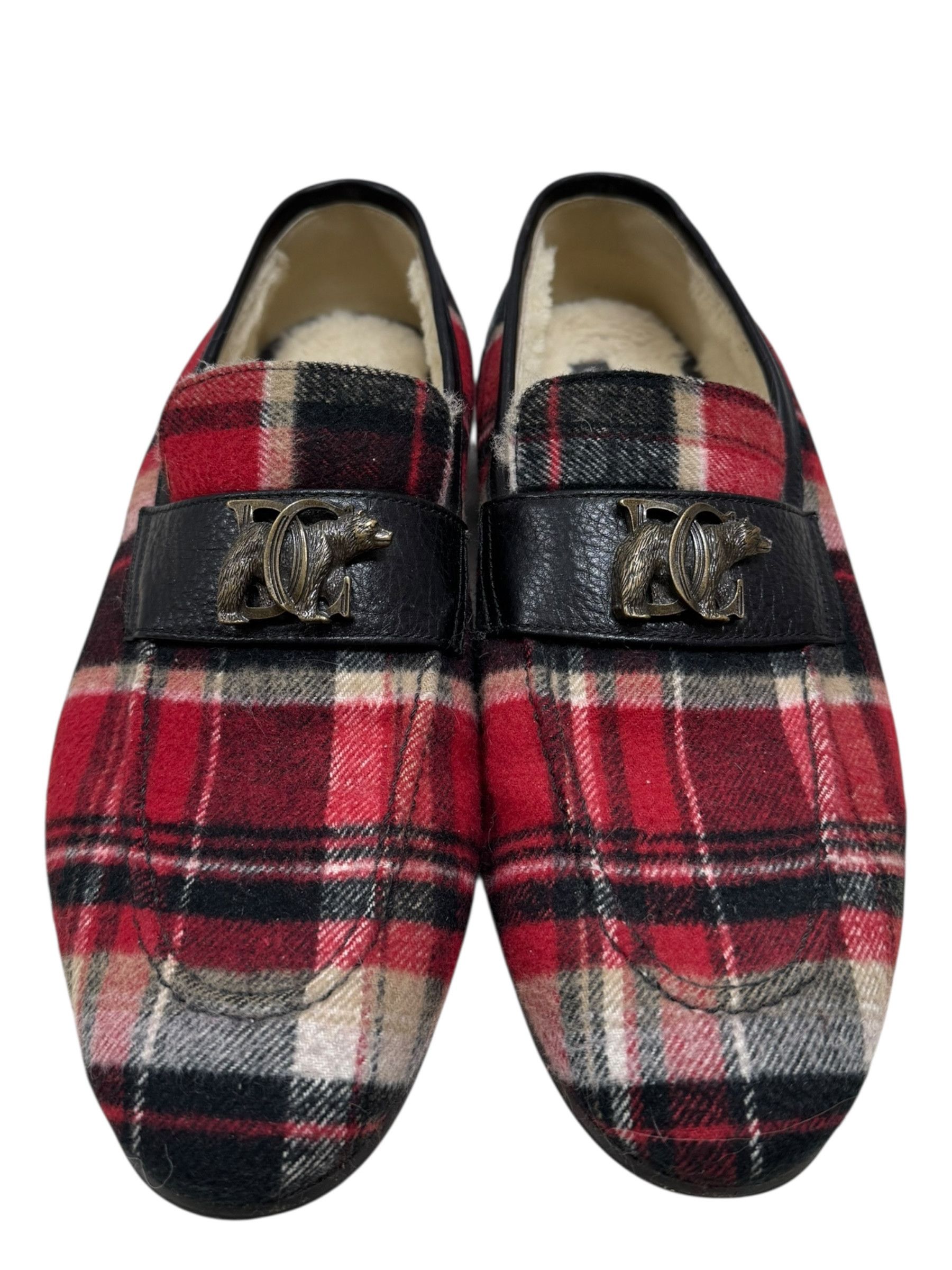 Dsquared2 Dsqaured2 Red Wool Tartan Plaid Bear Fur lined Mens Loafers Size US 10 / EU 43 - 1 Thumbnail
