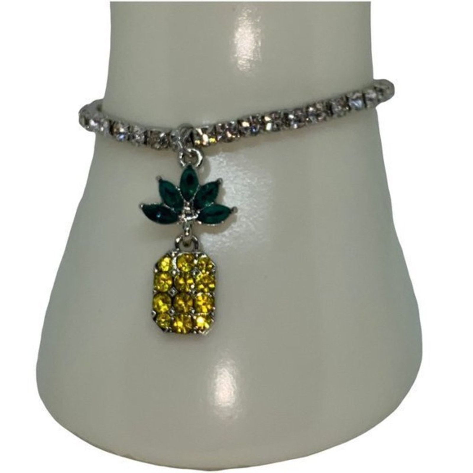 Boutique Moschino Silver Green Yellow Pineapple Rhinestone Stretch Bracelet Size ONE SIZE - 1 Thumbnail