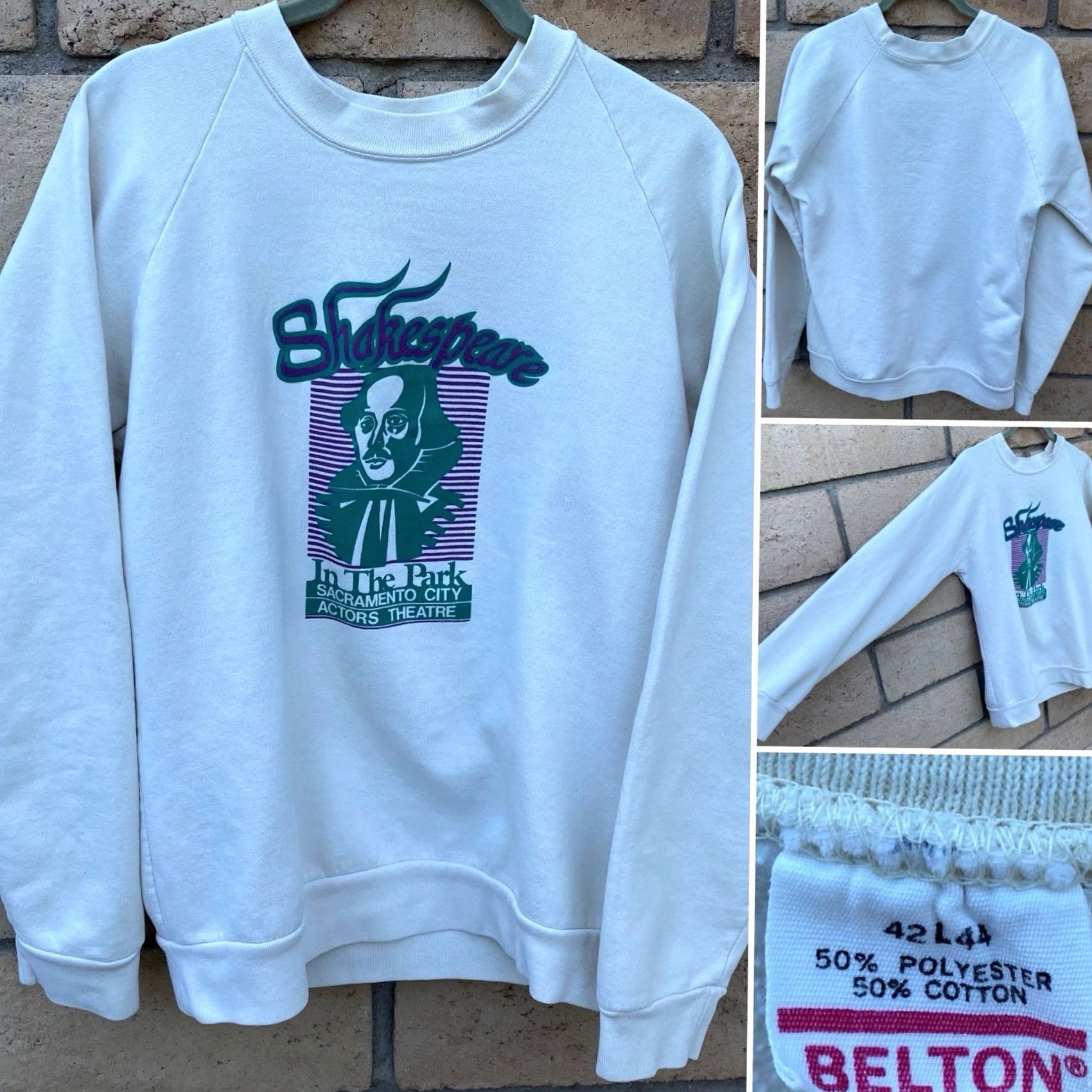 Vintage Vintage Shakespeare In The Park Sacramento City Actors Theatre Raglan Sweatshirt Mens L Ivory Graphic Print Pullover Long Sleeve 1980s Size US L / EU 52-54 / 3 - 4 Thumbnail