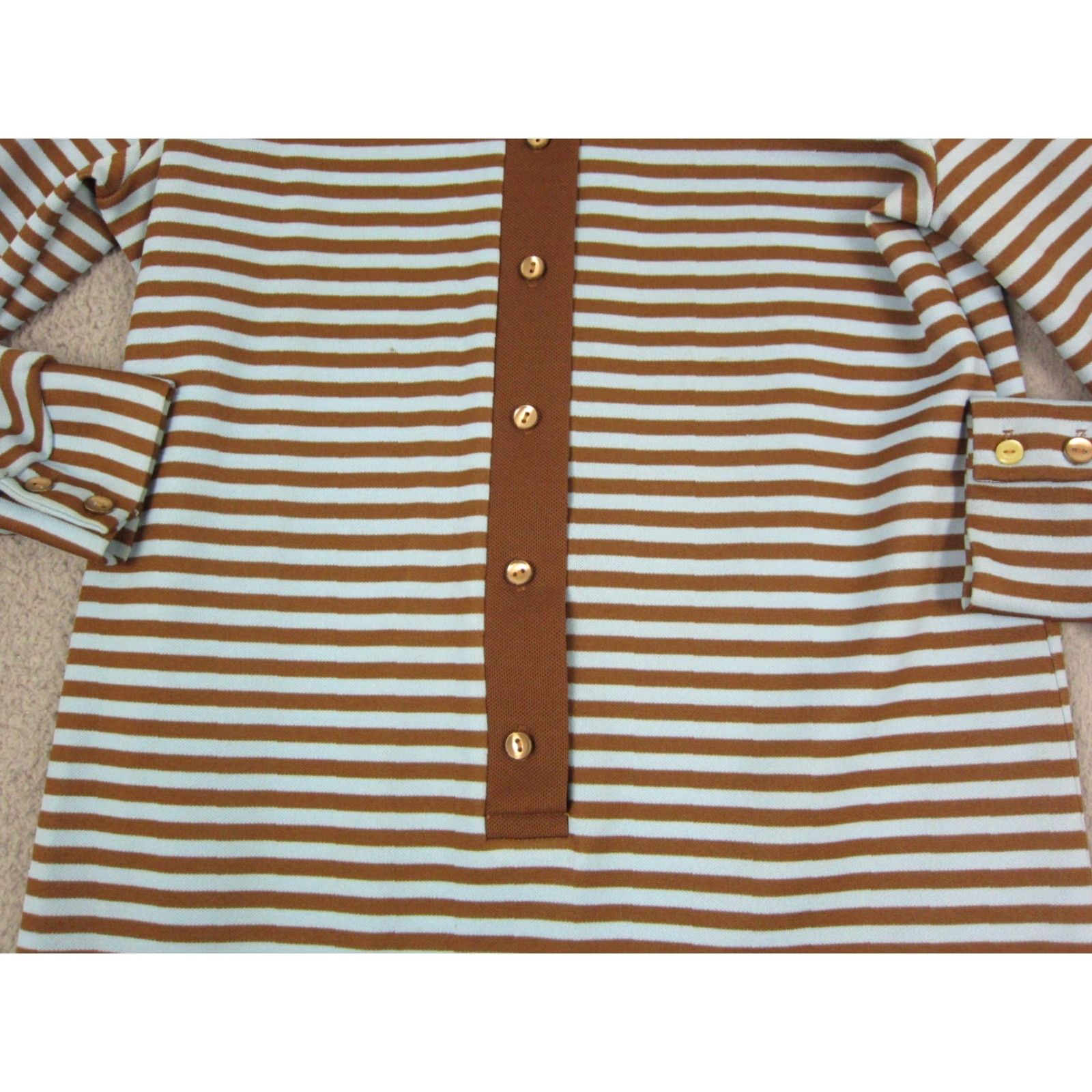 Vintage Queen Casuals Dress Shirt Dress M Brown Blue Striped Vintage 60s 90s Womens Long Sleeve Knit Button Collared Knee Length Casual Pattern Striped Size M / US 6-8 / IT 42-44 - 3 Thumbnail
