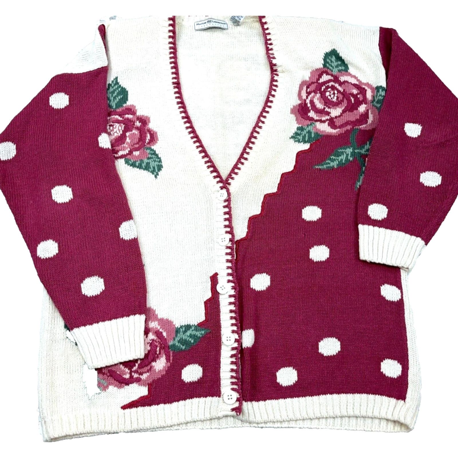 Vintage VINTAGE Maggie Lawrence Cardigan Women L Pink Polka Dot Knit Sweater, All Seasons, Lightweight, Pockets, Button, V-Neck, Cap Sleeve, Regular Size L / US 10 / IT 46 - 2 Thumbnail