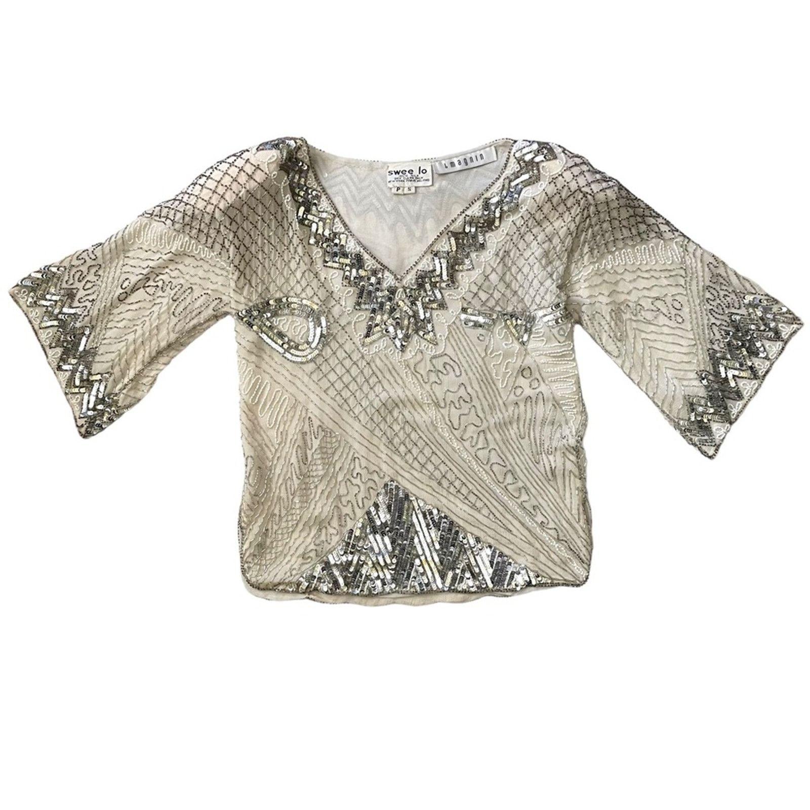 I. Magnin × Vintage Vintage Swee Lo for I. Magnin Beaded Sequin Silk Top Blouse Size S / US 4 / IT 40 - 8 Thumbnail